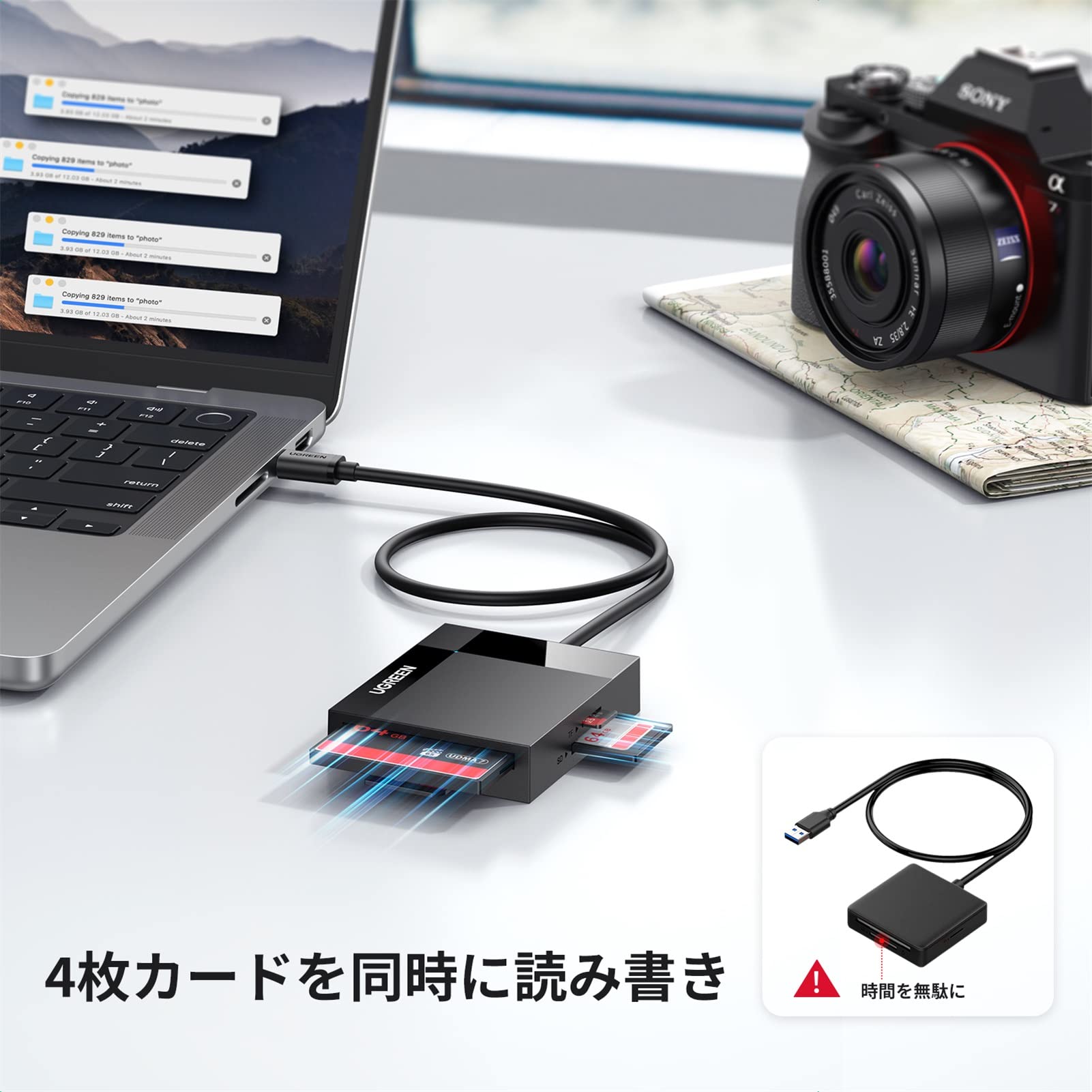 UGREEN カードリーダー USB C 4in1 SD microSD CF MS 4枚カード同時に読書 2TB Max 高速転送 SD SDXC SDHC MM CRS-MMC UHS-Iカード Windows Mac OS Android 対応