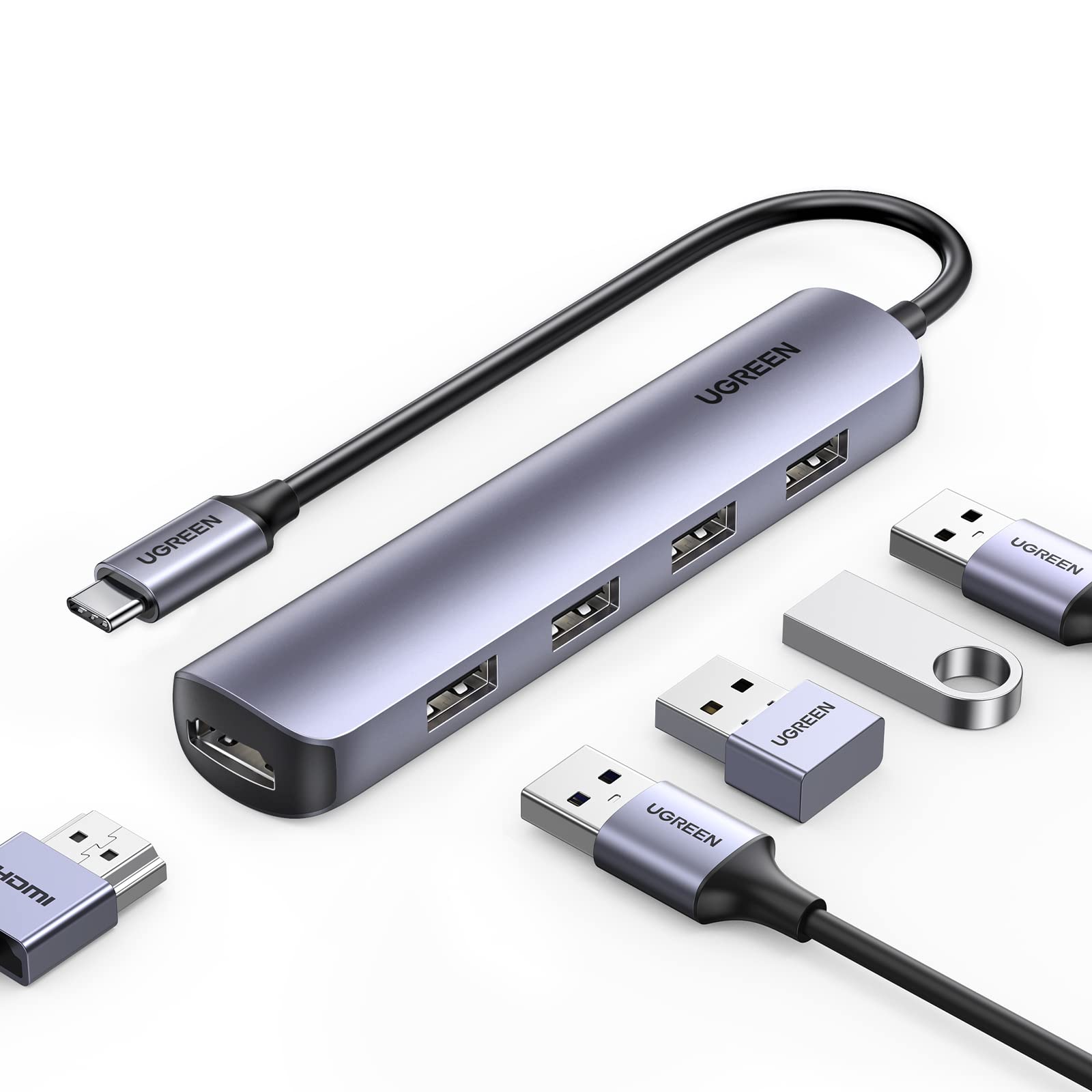 UGREEN USB Cnu}`|[gA_v^[ HDMI 5-IN-1 Xnu 4*USB3.0|[g 5Gbpsf[^]p 4K HDMIo Macbook ProAMacbook AirAiPad ProAXPSȂǂƌ݊