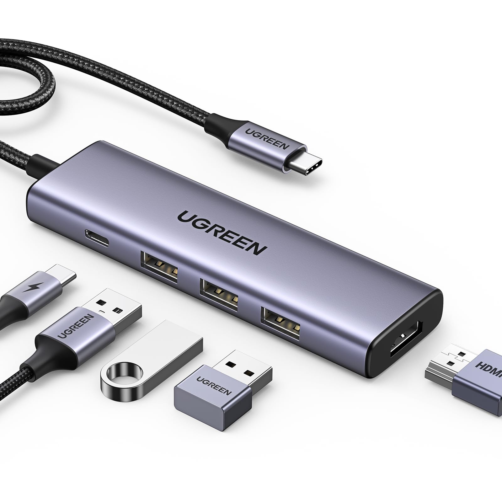 UGREEN 5-IN-1 USB Cハブ 100W PD急速充電 Type-C 3 USB‐A3.0ポート4K HDMI2.0出力 5Gbps高速データ転送 Windows 11/10/8.1/8 MAC OS linux IOS Androidシステム対応 MacBook Air/MacBook pro/Dell XPS13シリーズ；iPad Pro 2018/2020などと互換性あり