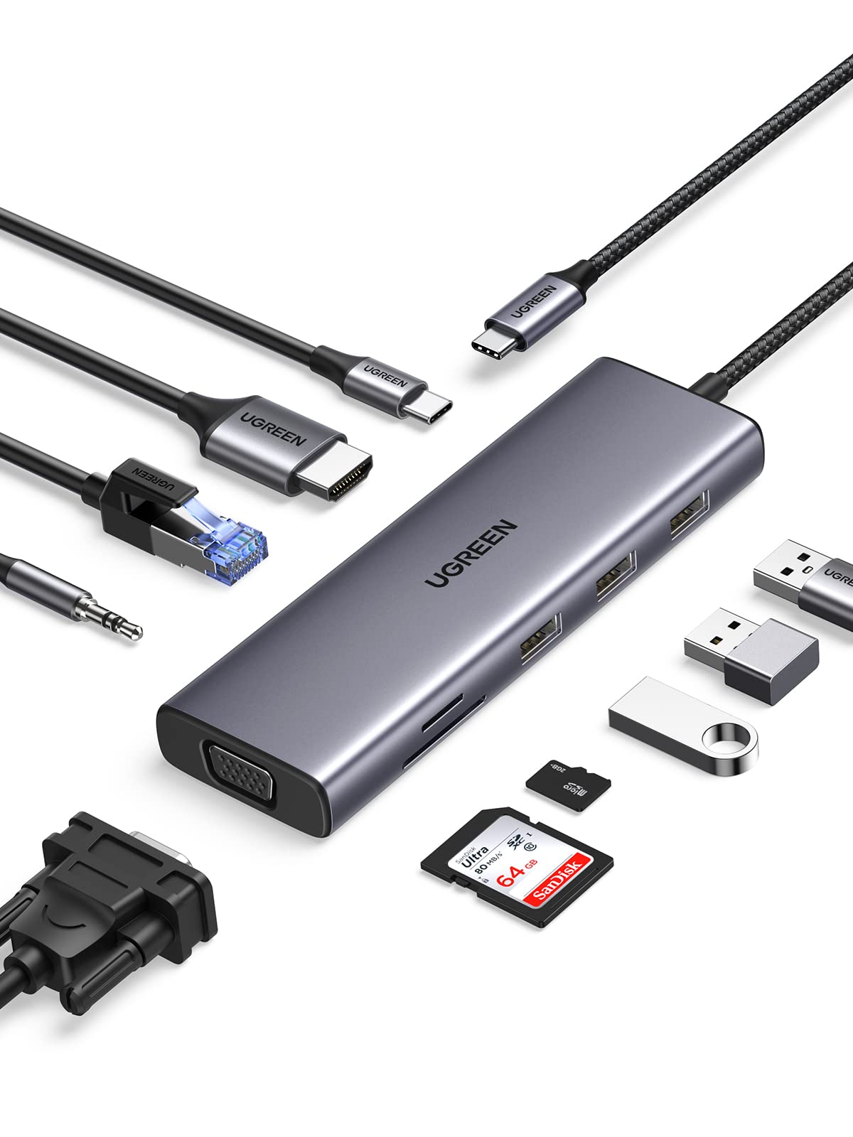 UGREEN 10-in-1 USB C ハブ 2023新版4K HDMI VGA出力 USBハブ 3xUSB3.0 ハブ 100W PD急速充電 1Gbps イーサネット 3.5mmオーディオポート付き SD/MicroSDカードリーダー搭載 ドッキングステー…