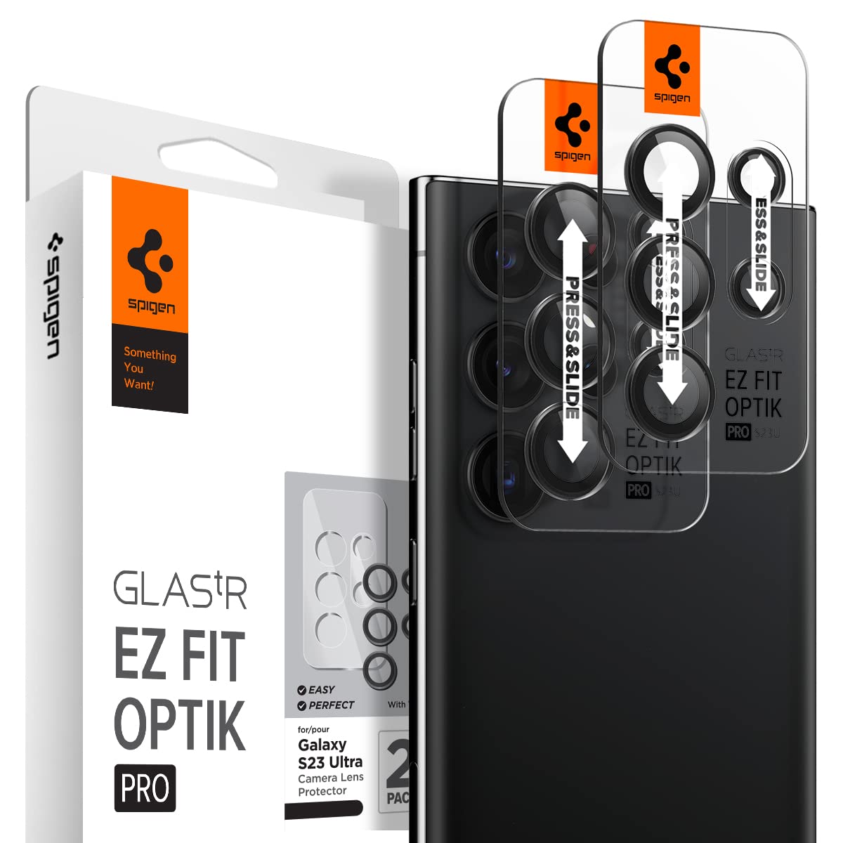 Spigen EZ Fit Optik Pro カメラフィルム Galaxy S23 Ultra 用 貼り付けキット付き ギャラクシー S23 Ultra 対応 レンズ保護フィルム ブラック 2セット