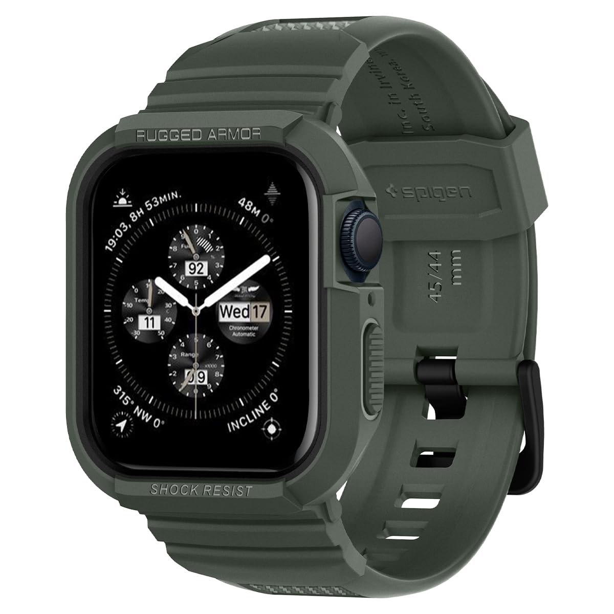 Apple Watch バンド 45mm | 44mm 一体型 ケース カバー 耐衝撃 PC TPU 二重構造 スポーツバンド 落下 衝撃 吸収 耐久性 傷防止 Series 9 / 8 / SE 2 /Series 7 / SE/Series 6 / Series 5 / Series 4 対応 ラギッド・アーマー プロ 062CS26016 (ミリタリー・グリーン)