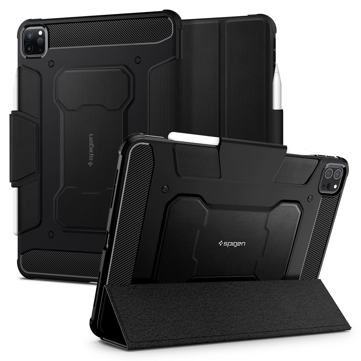 Spigen iPad Pro 11インチ ケース (2022 2021 2020 2018)用 第4/3/2/1/世代対応 カバー 三つ折り スタンド Apple Pencil対応 耐衝撃 米軍MIL規格 落下 衝撃 吸収 ラギッド・アーマープロ ACS01024 (ブラック)