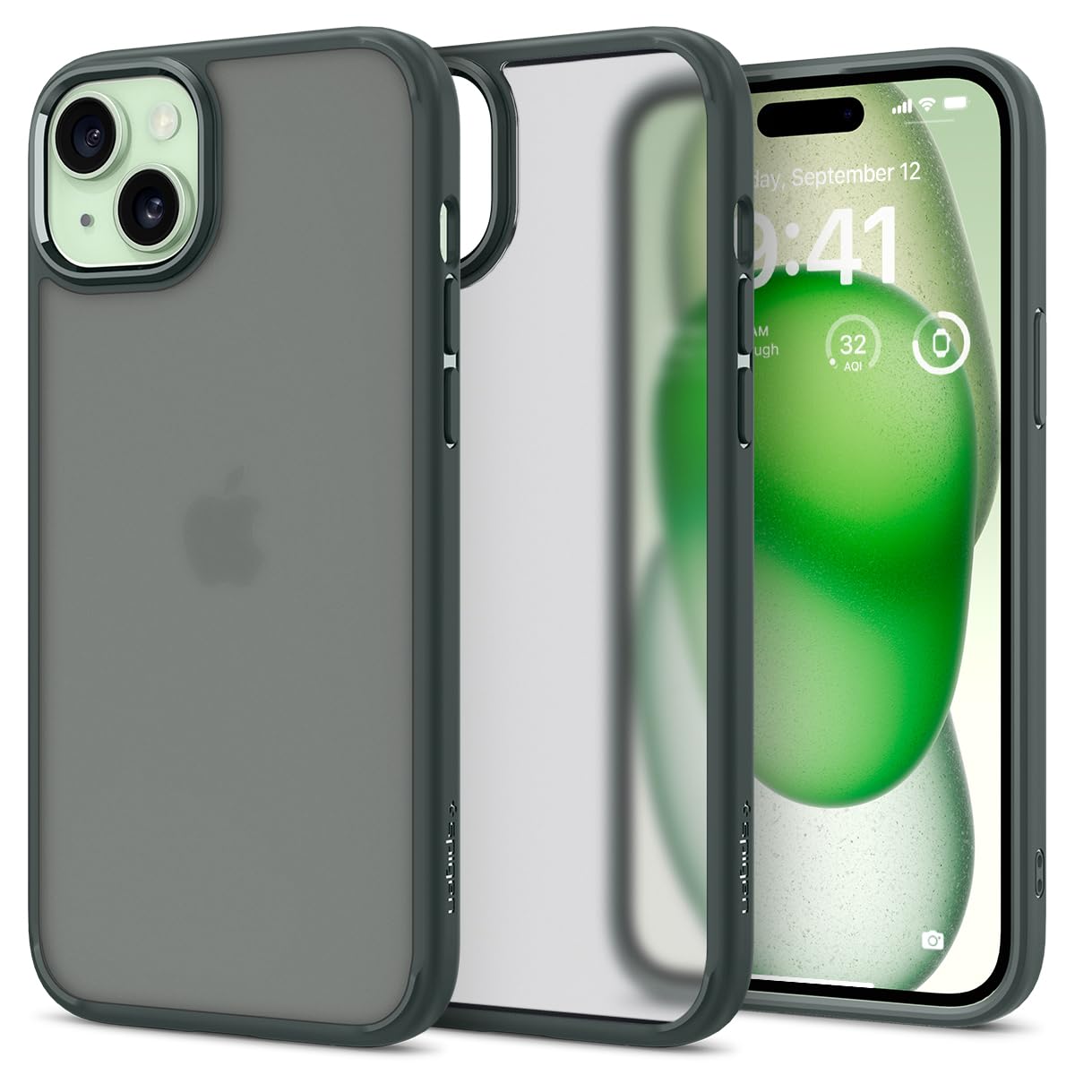 Spigen iPhone15ケース クリア 耐衝撃 半透明 さらさら 米軍MIL規格取得 指紋防止 ストラップホール 黄変抑制 透明 TPU バンパーケース 2重構造 レンズ保護 擦り傷防止 ワイヤレス充電対応 ウルトラ・ハイブリッド ACS06798 (フロスト・グリーン)