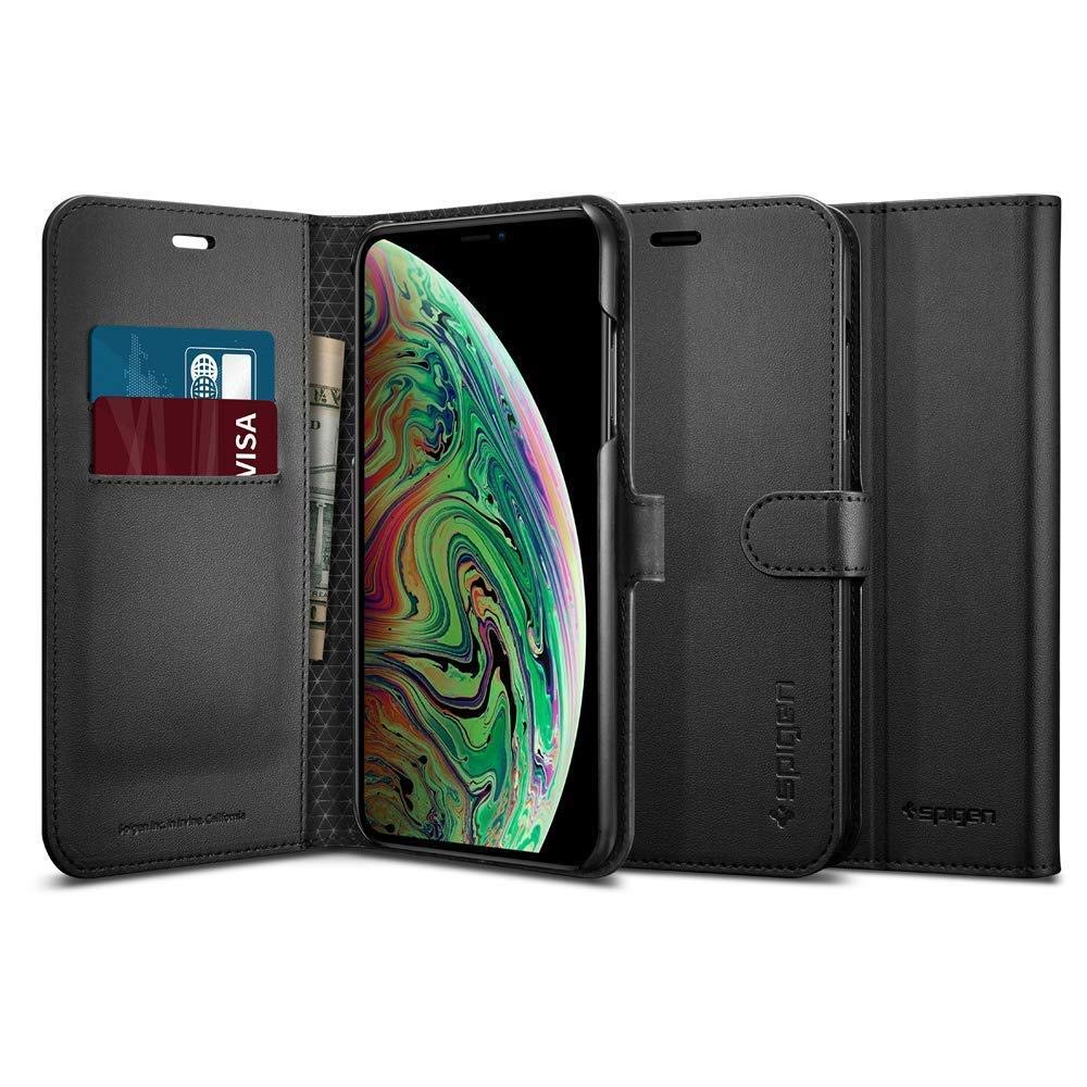 Spigen iPhone XS Max ケース 手帳型 カード収納 6.5インチ 対応 ワイヤレス充電 スタンド 機能 画面保護 レンズ保護 衝撃吸収 レザー ウォレットS 065CS24841 (ブラック)