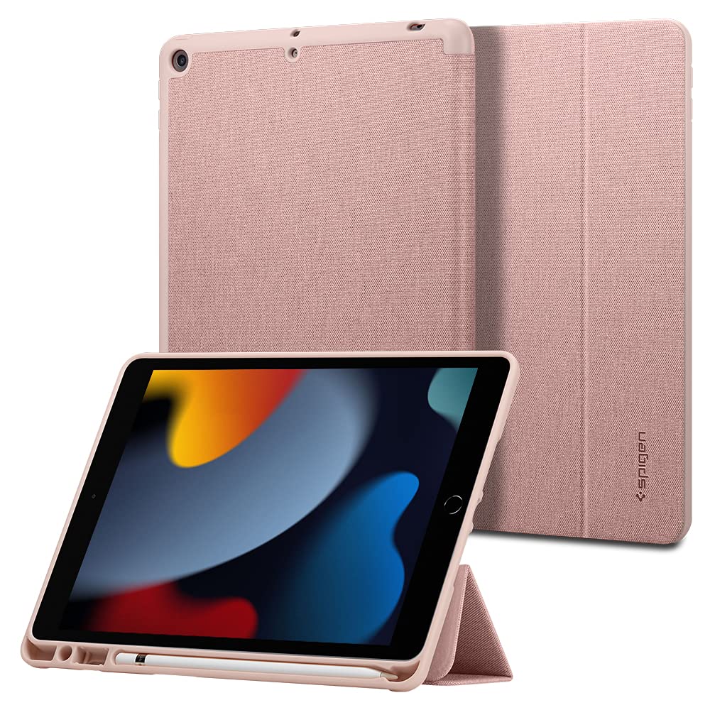 Spigen iPad 第9世代 ケース 10.2 インチ 第8世代 第7世代 対応 三つ折り スタンド ペン収納 オートスリープ ファブリック カバー 全面 保護 軽量 耐衝撃 すり傷 防止 アーバンフィット ACS01061（ローズ・ゴールド）