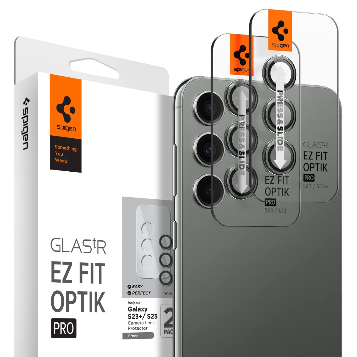 Spigen EZ Fit Optik Pro Galaxy S23 / Galaxy S23 Plus用 カメラフィルム 貼り付けキット付き ギャラクシー S23 / S23 Plus 対応 レンズ保護フィルム グリーン 2セット