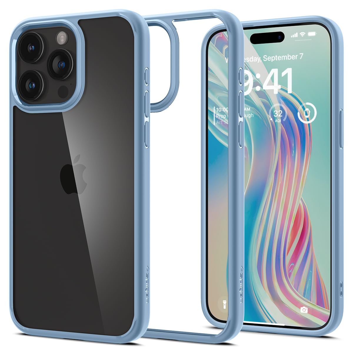 Spigen iPhone 15 Pro Max ケース クリア ストラップホール 米軍MIL規格 ウルトラ・ハイブリッド ACS06572 (シエラ・ブルー)