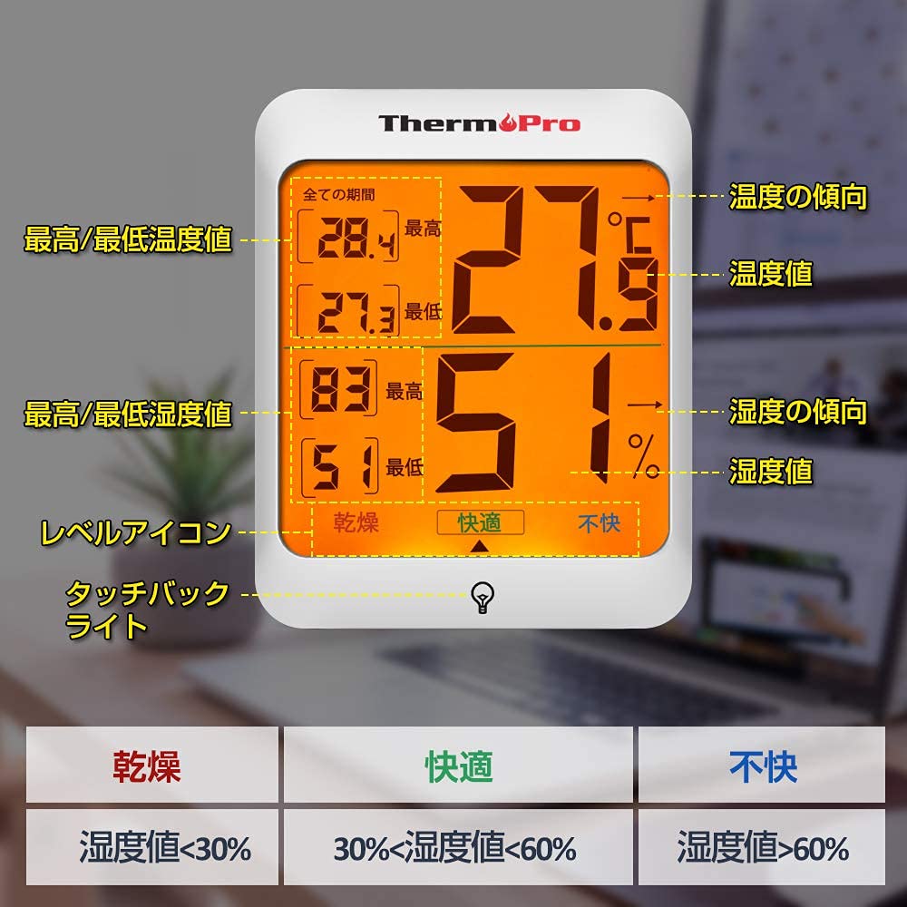 ThermoProサーモプロ 温湿度計 室内温度計デジタル 室内温度計湿度計 LCDバックライト付き 最高最低温湿度値表示 24時間データ記録 高精度 見やすい 快適度表示 インテリア 赤ちゃん 家庭用 三WAY設置 TP53
