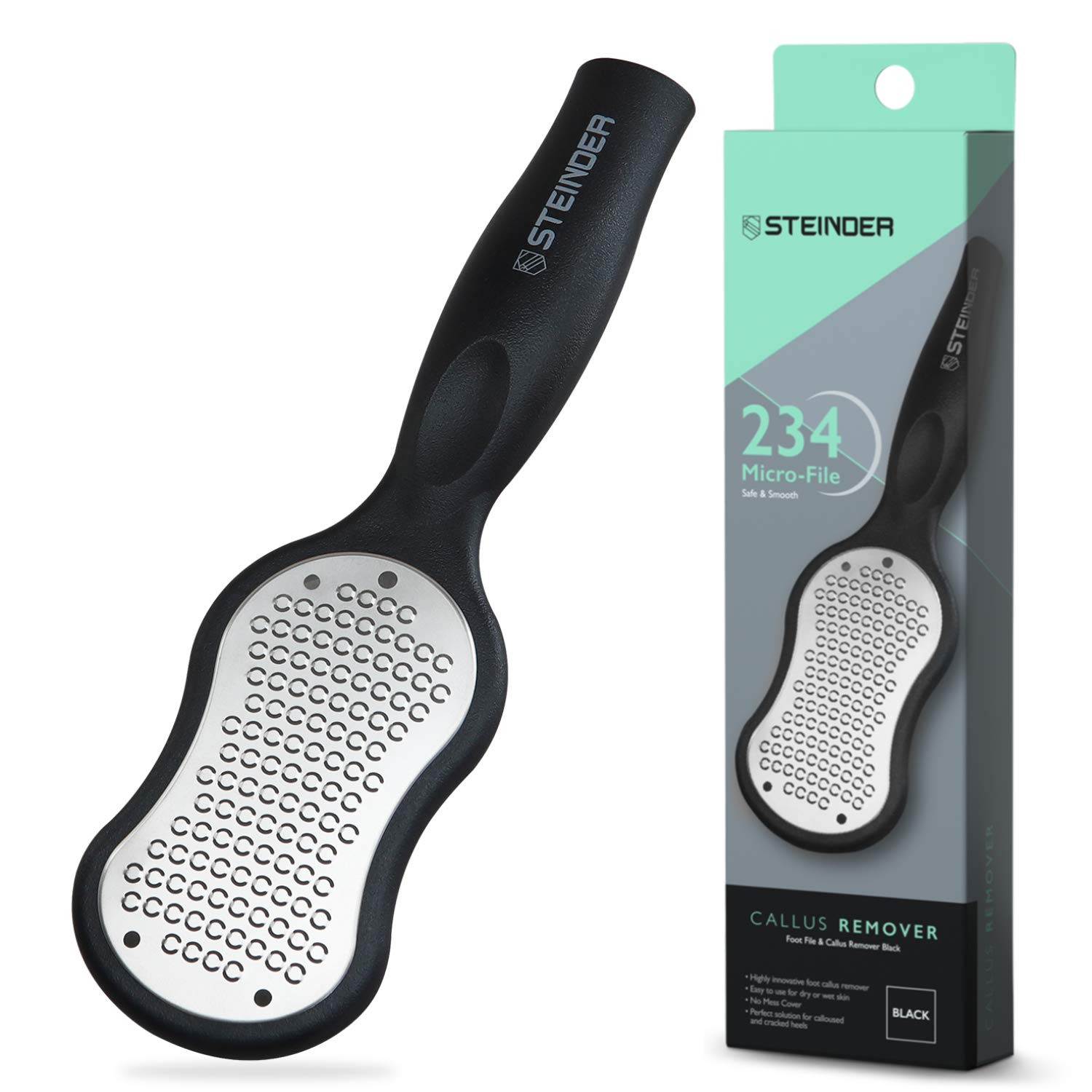 かかとやすり フットファイル角質リムーバー Steinder かかと角質取り かかと削り マイクロカッター 丸洗いOK 乾湿足用 カバー付き 安全 衛生 かかときれい ブラック ラージサイズ (大)