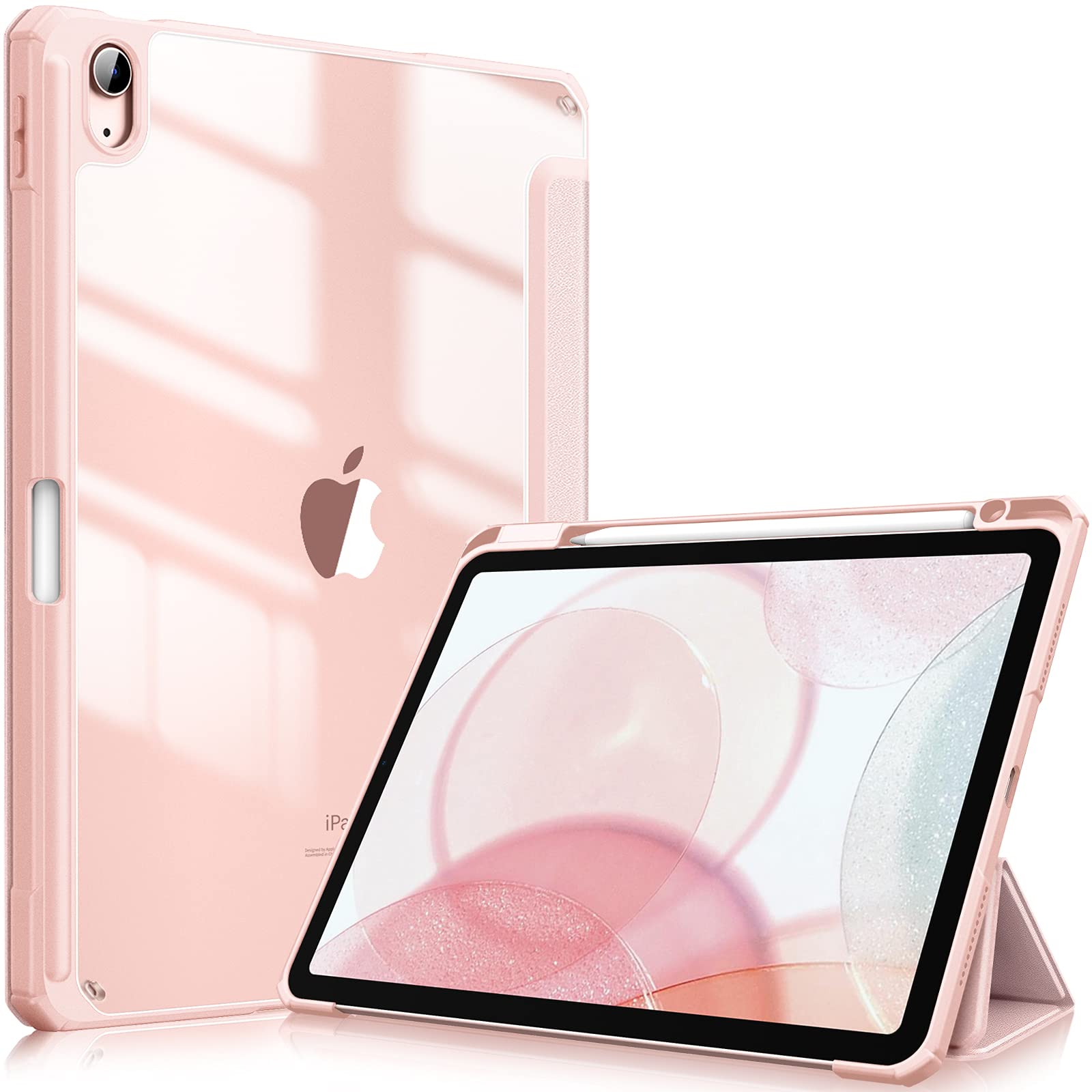 Fintie iPad Air 5 ケース 2022 / iPad Air 4 ケース 2020 10.9 インチ 透明バックカバー Apple Pencil 収納可能 Apple Pencil 2 ワイヤレス充電対応 三つ折スタンド スリープ機能 軽量 薄型 傷つけ防止 PU合成レザー TPU（ローズゴールド）