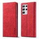 QLTYPRI Samsung Galaxy S21 Ultra 5G ケース 手帳型 SC-52B ケース 高級PUレザー 艶なしPU革 TPU バンパー カード収納 スタンド機能 マグネット 耐衝撃 全面保護 財布型 カバー ギャラクシー S21 Ultra 対応 6.8 インチ - レッド
