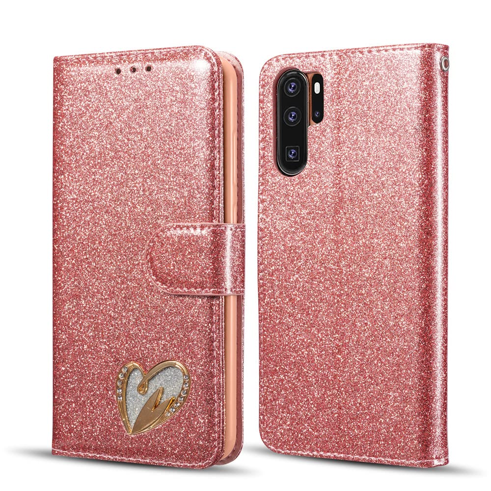 QLTYPRI Huawei P30 ケース 手帳型 case ブックカバー 薄型 PUレザー TPU マグネット ハート カード収納 スタンド機能 財布型 携帯 スマホケース 全面保護 きらきら 全機種 充電対応 - ローズゴールド