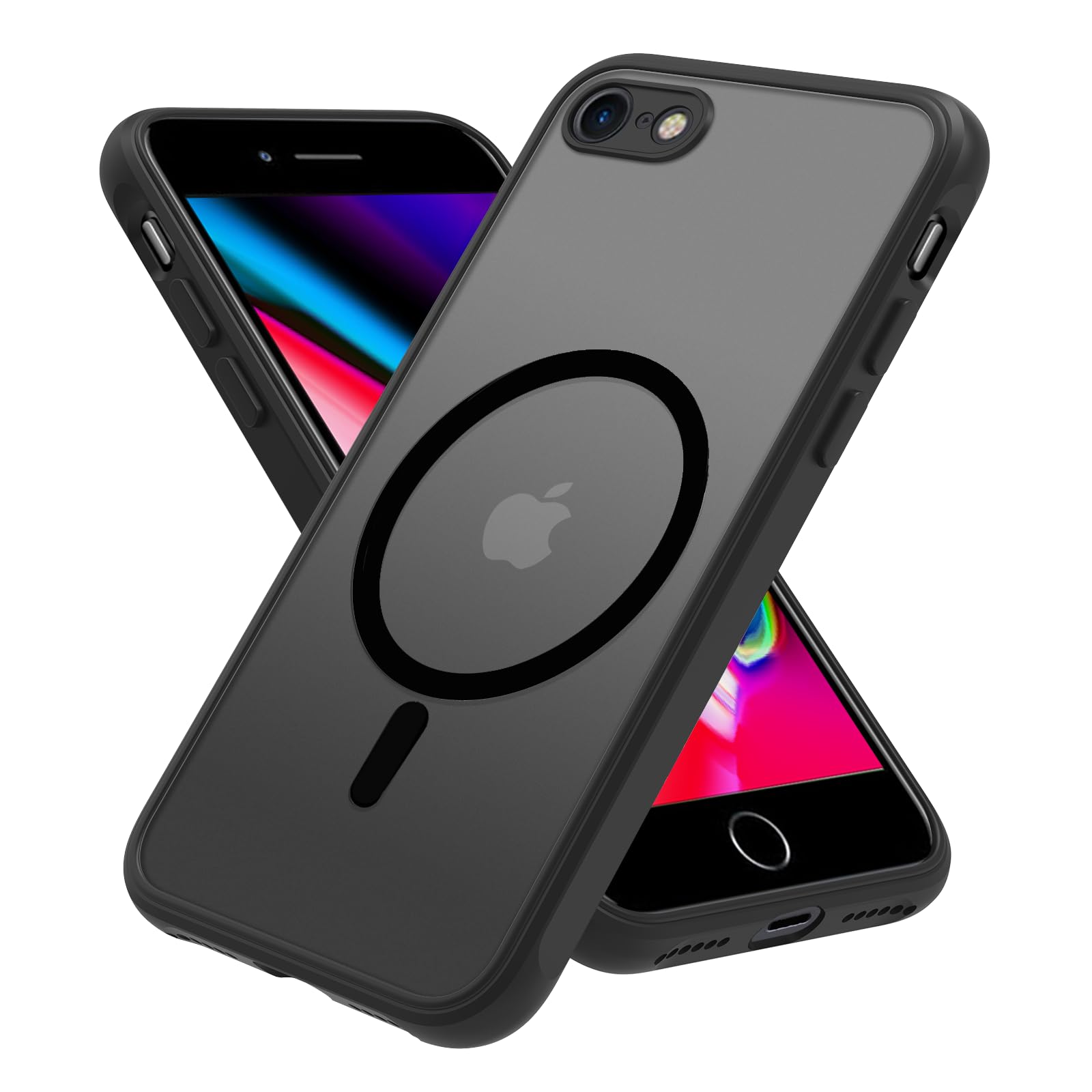 iPhone ケース 半透明 MagSafe対応 iPhone ケース マグネット搭載 カバー 米軍MIL規格 耐衝撃 マット感 黄ばみなし ストラップホール付き マグセーフ対応 ワイアレス充電対応 PinLiSheng (ブラック, iPhone SE2 iPhone SE3 iPhone8 iPhone7)