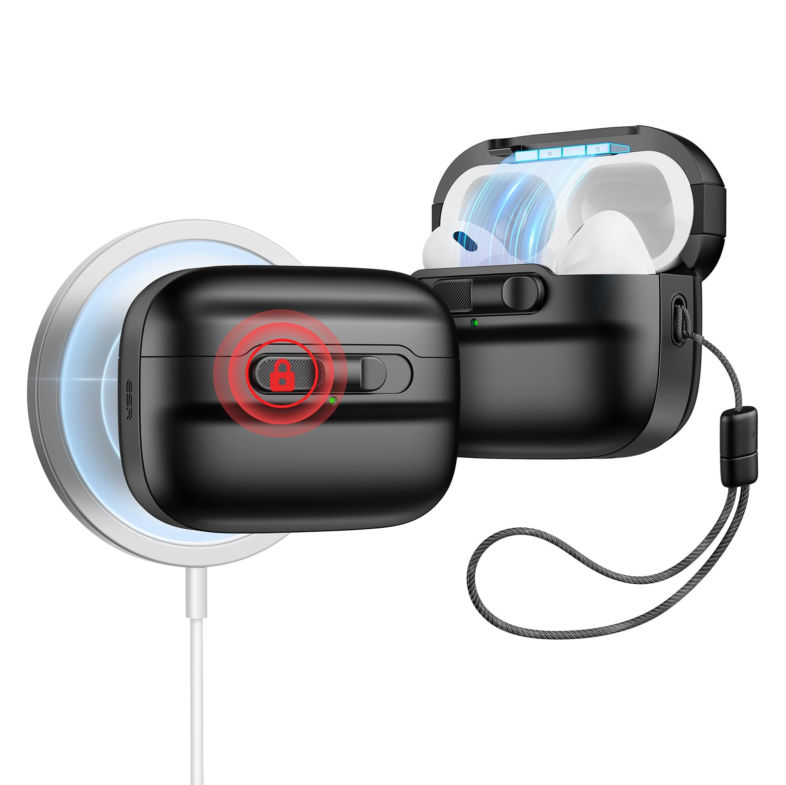 ESR AirPods Pro2 ケース MagSafe対応 AirPods Pro 第2世代 / 第1世代 (2023/2022/2019) 共通 USB-C/Lightningケーブル対応 マグネット蓋ロック 耐衝撃 ランヤード付き 落下保護カバー 衝撃吸収 Pulseシリーズ ブラック