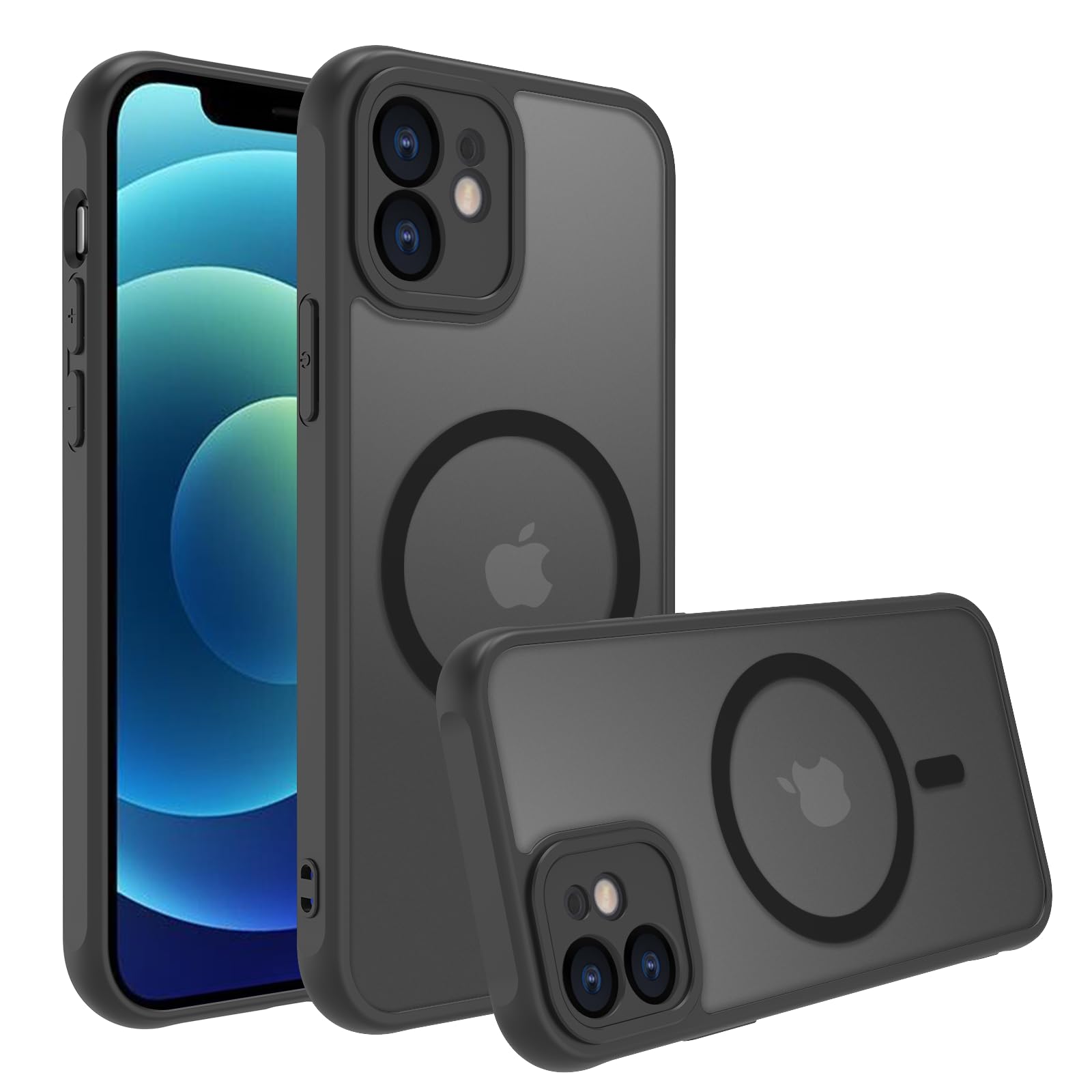 iPhone 12 ケース iphone12 ケース iphone 12 ケース スマホカバー マット半透明 マグネット搭載 ワイヤレス充電 耐衝撃 指紋防止 滑り止め 米軍MIL規格・Magsafe対応 アイフォン12 用カバー6.1インチ PinLiSheng (ブラック, iPhone 12)