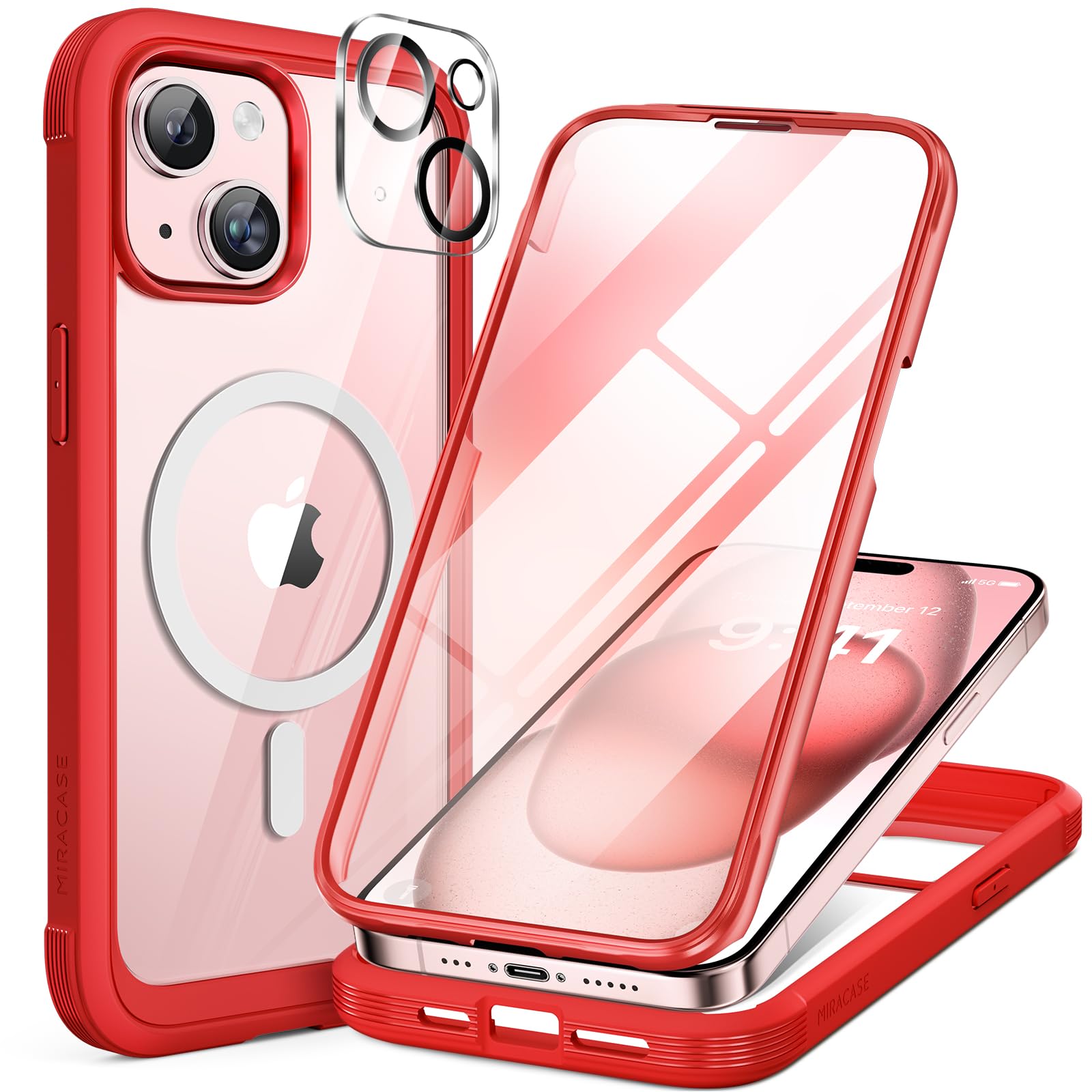 Miracase iPhone15 用 ケース MagSafe対応 9H 強化ガラス 360°保護 スマホケース iPhone15 用 カバー 全身バンパー保護ケース 6.1インチ フルカバー ワイヤレス充電対応 マグセーフ対応 マグネット搭載 赤