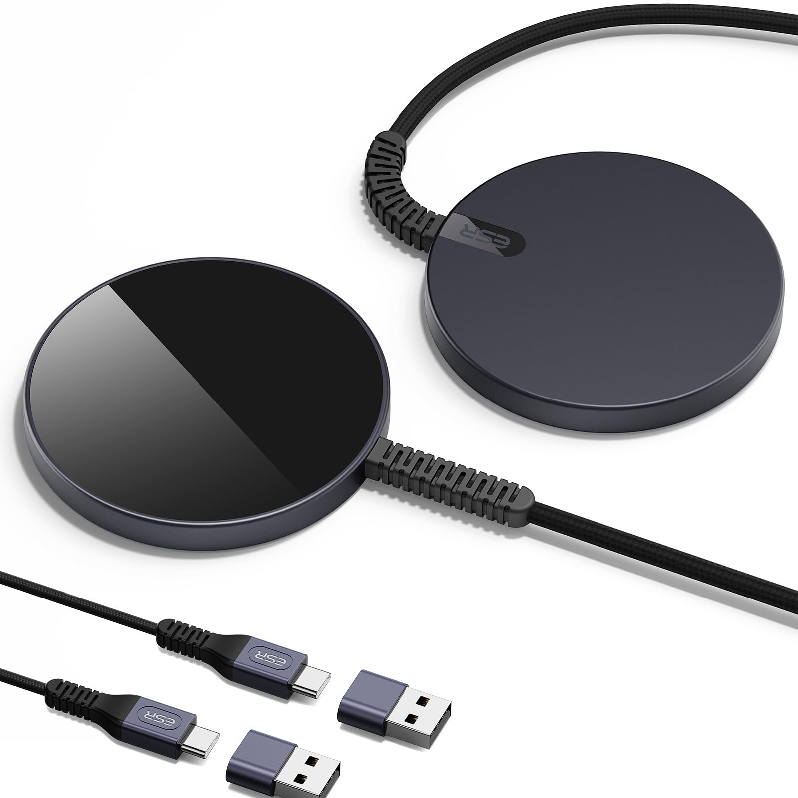 2023改良型ESR ワイヤレス充電器 MagSafe 対応 充電器 マグネット式 iPhone15/14/13/12シリーズ対応 急速充電 強力磁気吸着 強化編組ナイロンケーブル 2個入り ブラック