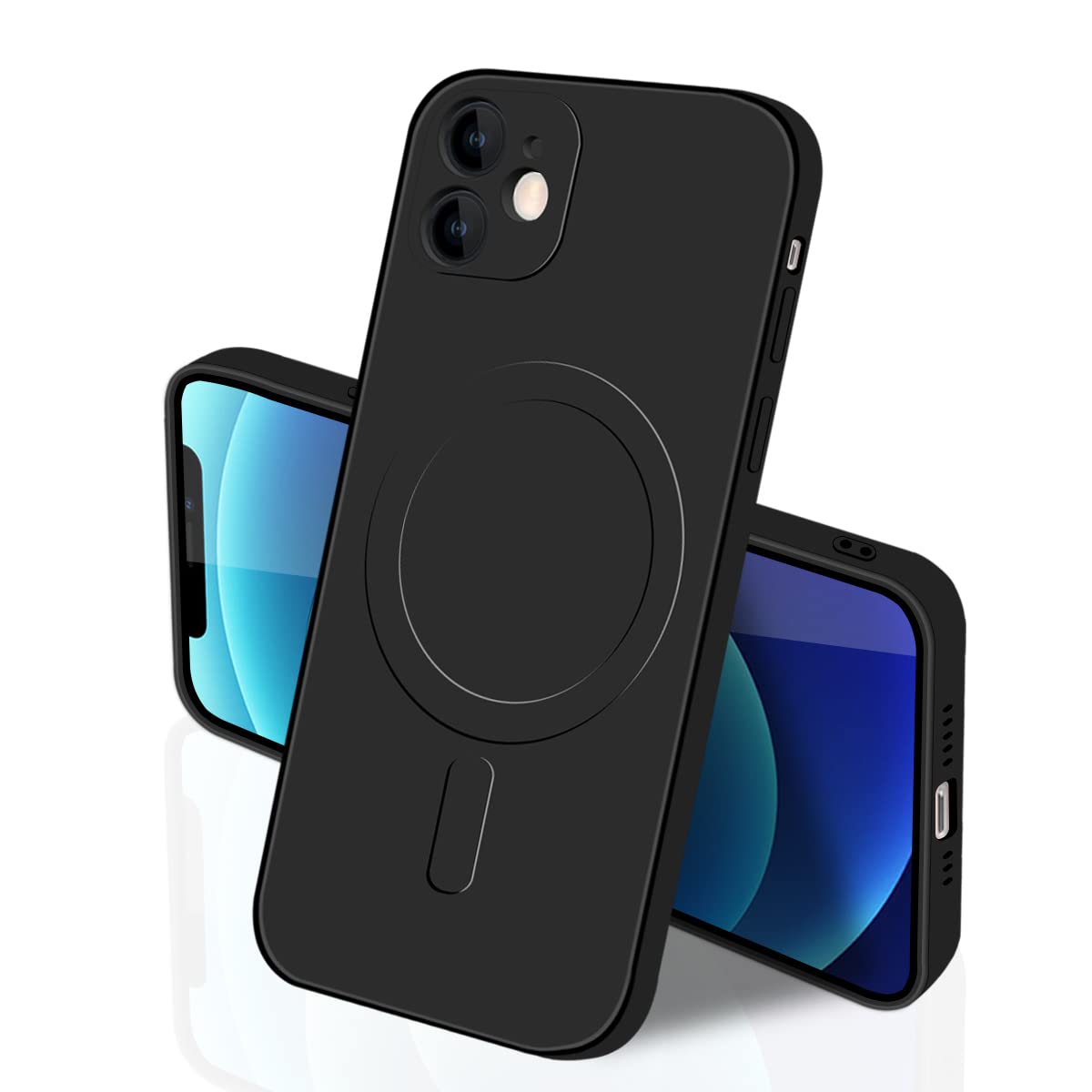 IPhone 12 MagSafe ケース マグネット搭載 シリコン アイフォン12 カバー スマホケース 全面保護 耐衝撃 液体シリコーン 薄型 ワイヤレス充電対応 ストラップホール付き 滑り止め 落下防止 6.1インチ（ブラック）