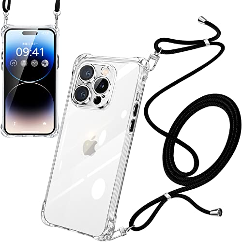 iPhone14 Pro ケース ショルダー クリア 耐衝撃 ストラップ付き スマホケース アイフォン14pro カバー 透明 薄型 軽量 TPU シリコン 紐付き 肩掛け 首掛け 斜めかけケース 調節可能なショルダー クロスボディ 多目的キャリー ファッションデザイン(全透明）(2.0)