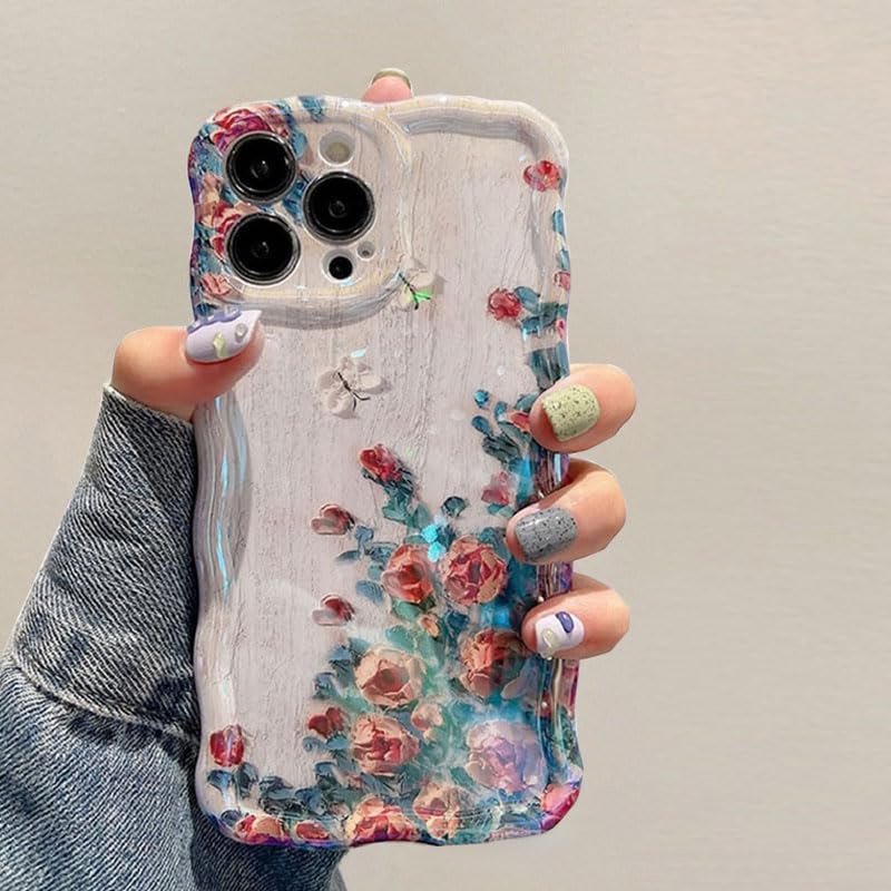 QLTYPRI iPhone 12ケースTPUカバー おしゃれ 韓国 可愛い 花柄 薄型 軽量 耐衝撃 スマホケース ワイヤレス充電対応 ストラップホール付き アイフォン12 ケース 6.1インチ 対応 - ベージュ