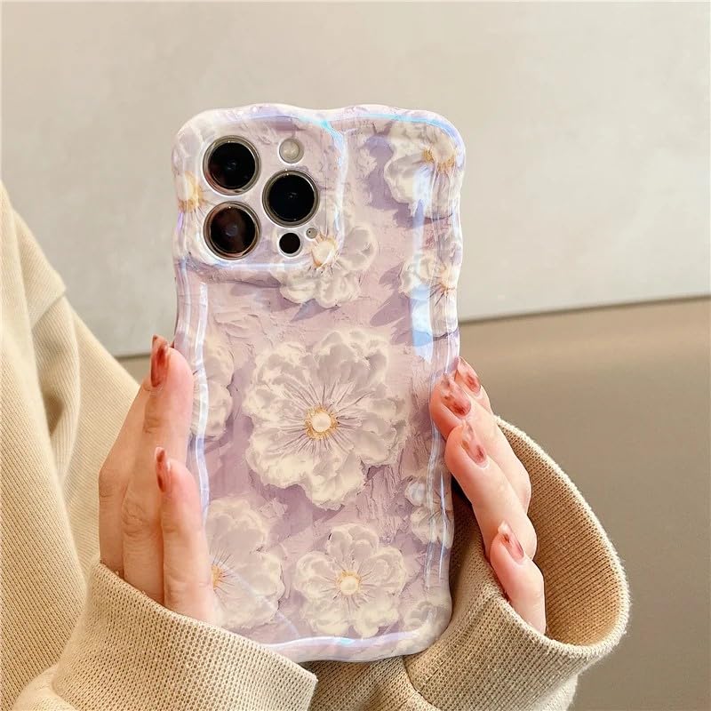 QLTYPRI iPhone 13 Pro MaxケースTPUカバー おしゃれ 韓国 可愛い 花柄 ウェーブ 薄型 軽量 耐衝撃 スマホケース ワイヤレス充電対応 ストラップホール付き アイフォン13 Pro Max ケース 6.7インチ 対応 - パープル #2