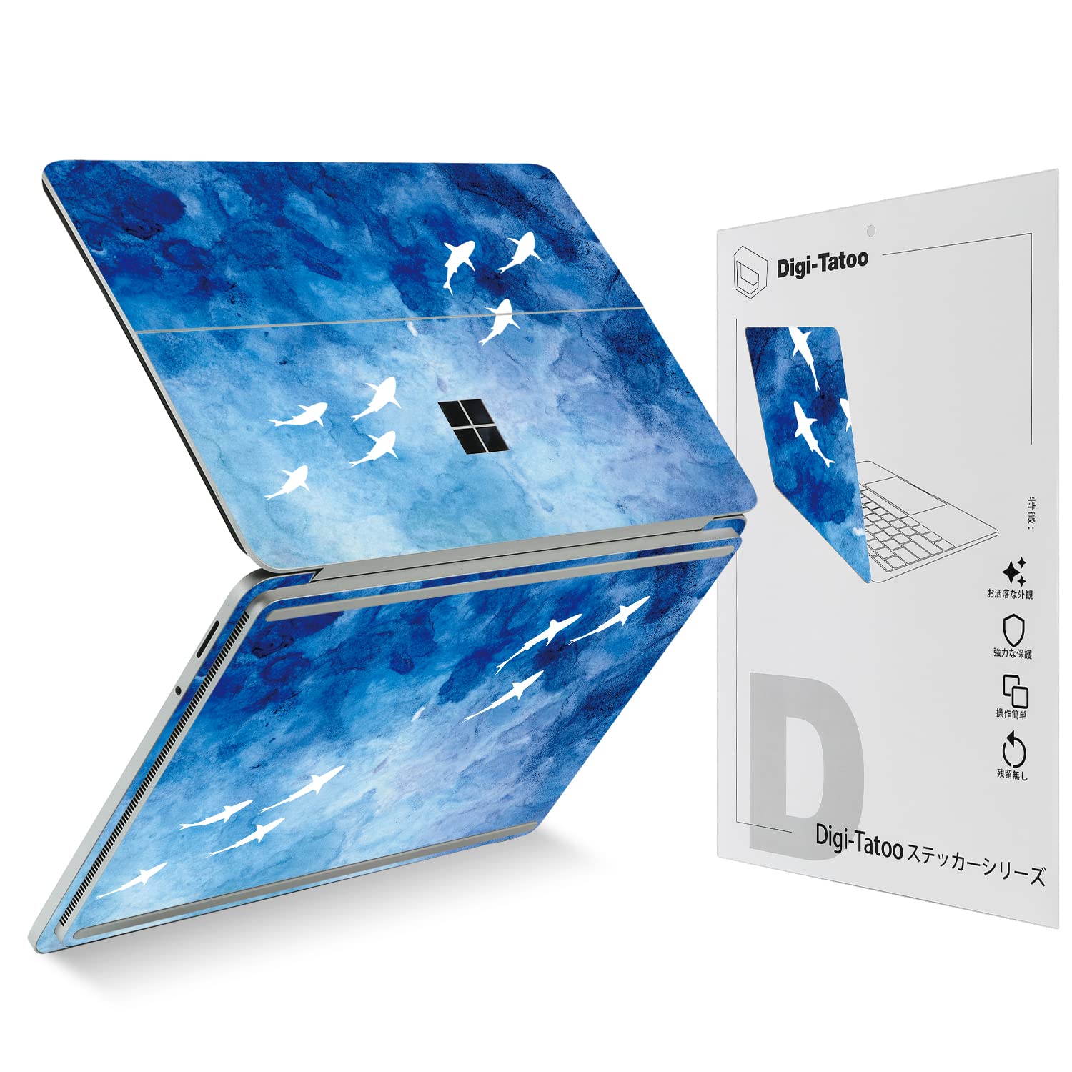 楽天FIDELADigi-Tatoo Surface 専用スキンシール カバー ステッカー （Surface Laptop Studio 14.4インチ用） 全身保護、取り外し可能、傷つき防止および残留物フリー [青い海と鯨]