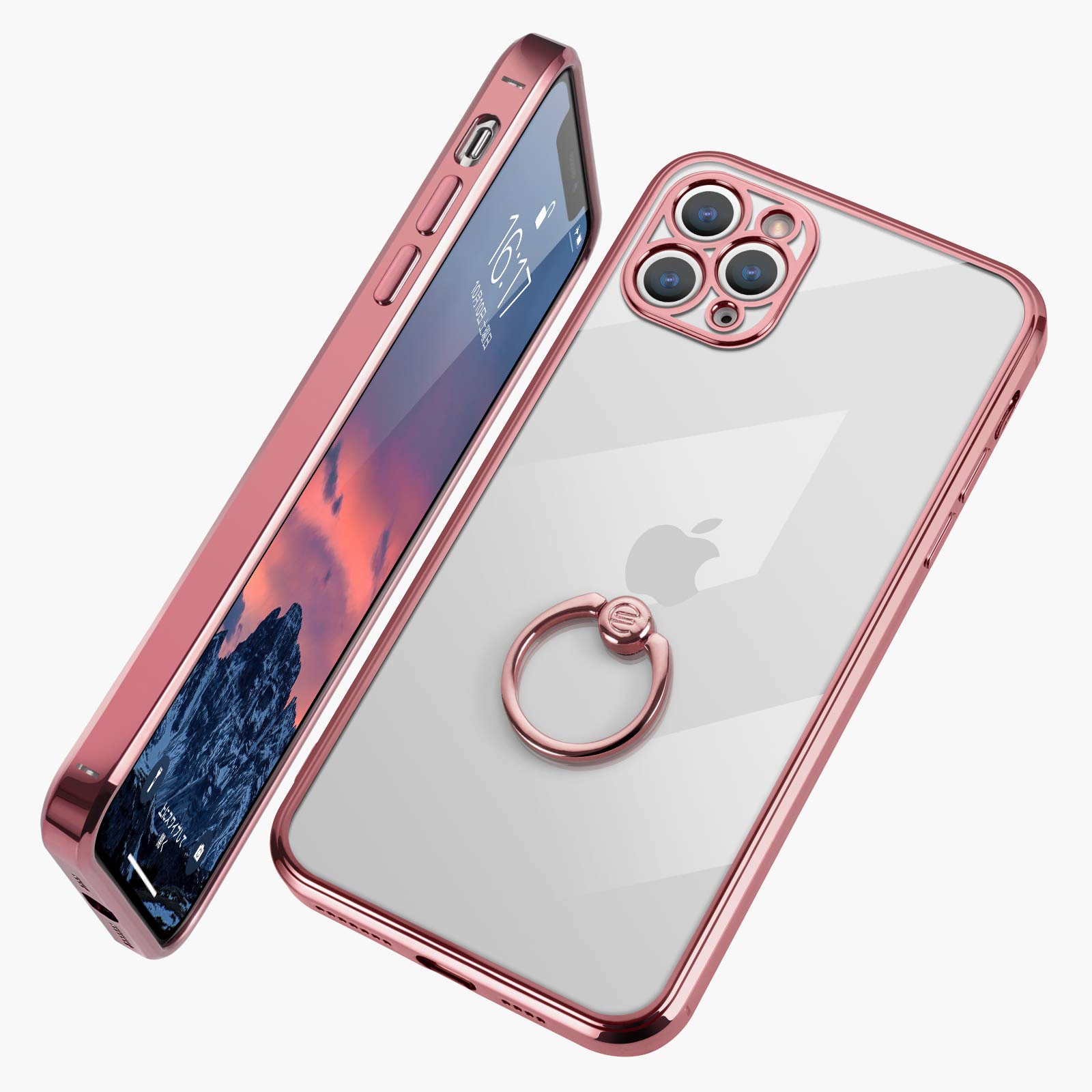 E Segoi iPhone 11 Pro Max ケース リング付き クリア メッキ加工 ソフトケース スタンド機能 透明 TPU 落下防止 耐衝撃 おしゃれ 軽量 一体型 全面保護 アイホン 11Pro Max カバー [6.5インチ] (iPhone 11 Pro Max, ローズピンク)