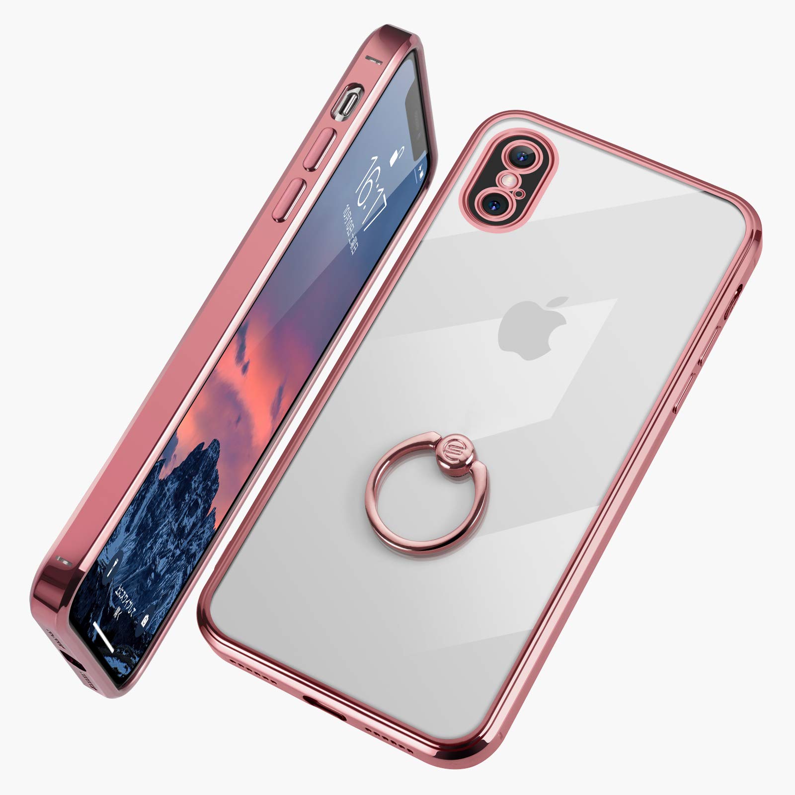 E Segoi iPhone X ケース リング付き クリア メッキ加工 ソフトケース スタンド機能 透明 TPU 落下防止 耐衝撃 おしゃれ 軽量 一体型 全面保護 アイホンX カバー [5.8インチ] (iPhone X, ローズピンク)