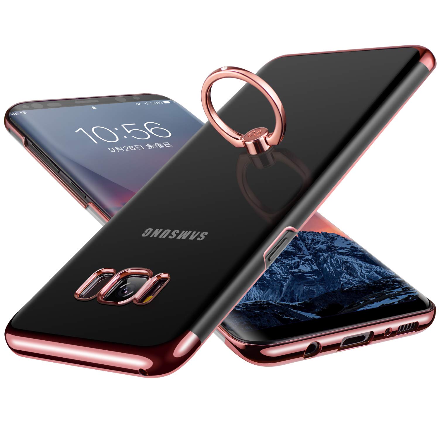 E Segoi Samsung Galaxy S8 Plus ケース リング付き 落下防止 耐衝撃 スタンド機能 メッキ加工 透明 PC おしゃれ 薄型 軽量 一体型 ギャラクシーs8 plus ケース 全面保護カバー Galaxy S8+ ケース (Galaxy S8+, ローズピンク)