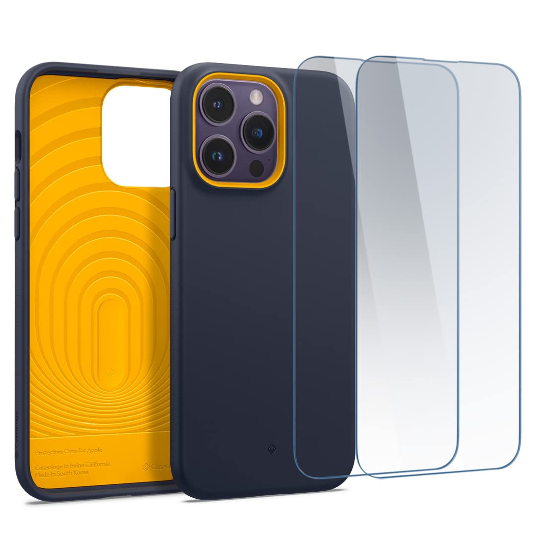 Caseology iPhone 14 Pro Max 用 ケース 強化ガラスフィルム付 耐久性 保護 シリコン質感 TPU PC 9H 全面保護 ナノポップ360 - ブルーベリーネイビー