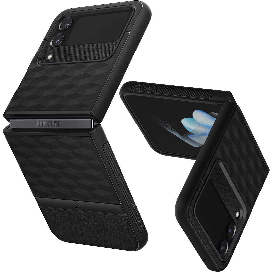 Caseology Galaxy Z Flip4 ケース TPU PC 二重構造 3D 立体パターン カメラ保護 画面保護 軽量 滑り止め ギャラクシー Z フリップ4 カバー パララックス - マットブラック