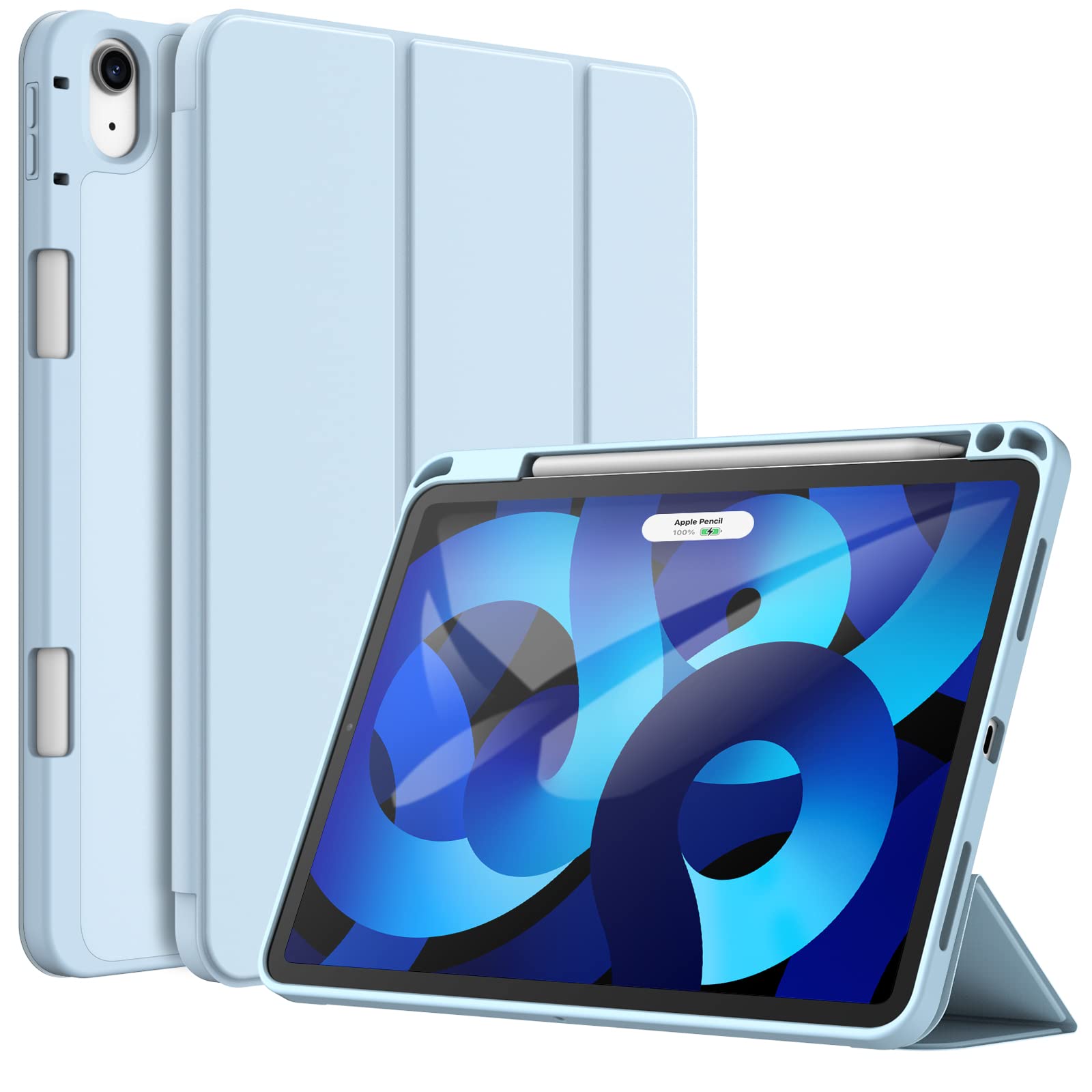 JEDirect iPad Air 5/4 2022/2020 10.9インチ専用 保護ケース Pencilホルダー付き 第2世代Pencil充電対応 ソフトTPUバック スリム保護カバー オートウェイクアップ/スリープ機能付き (ライトブルー)