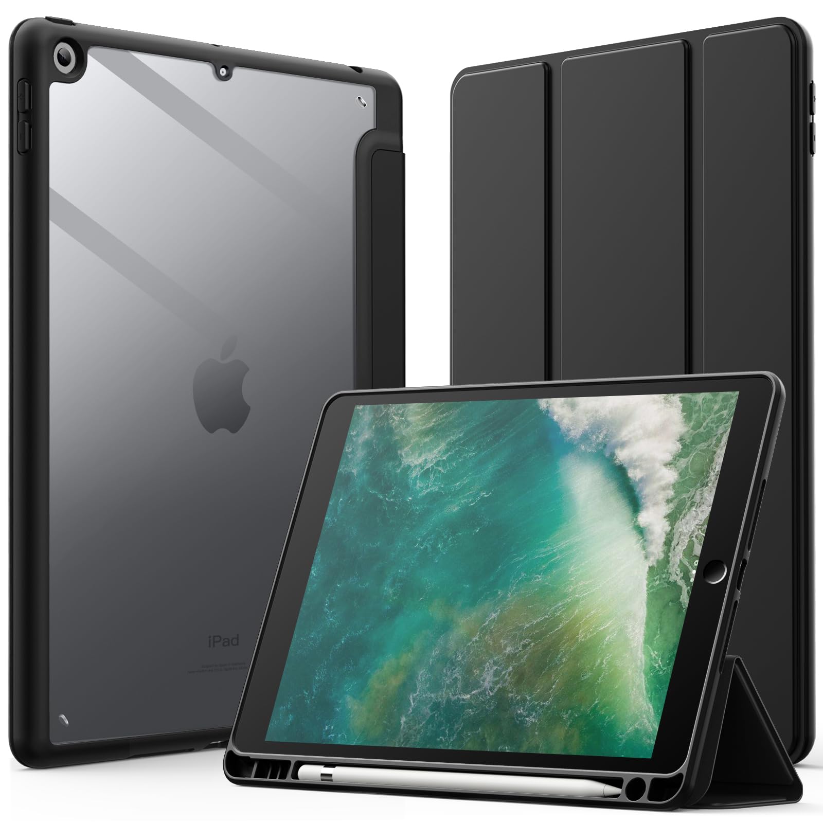 JEDirect iPad 9.7インチ ケース（第6/5世代、2018/2017モデル用）Pencil収納可能透明バックカバー 薄型 スタンド 衝撃吸収 タブレットカバー オートウェイク/スリープ機能 (ブラック)の商品画像
