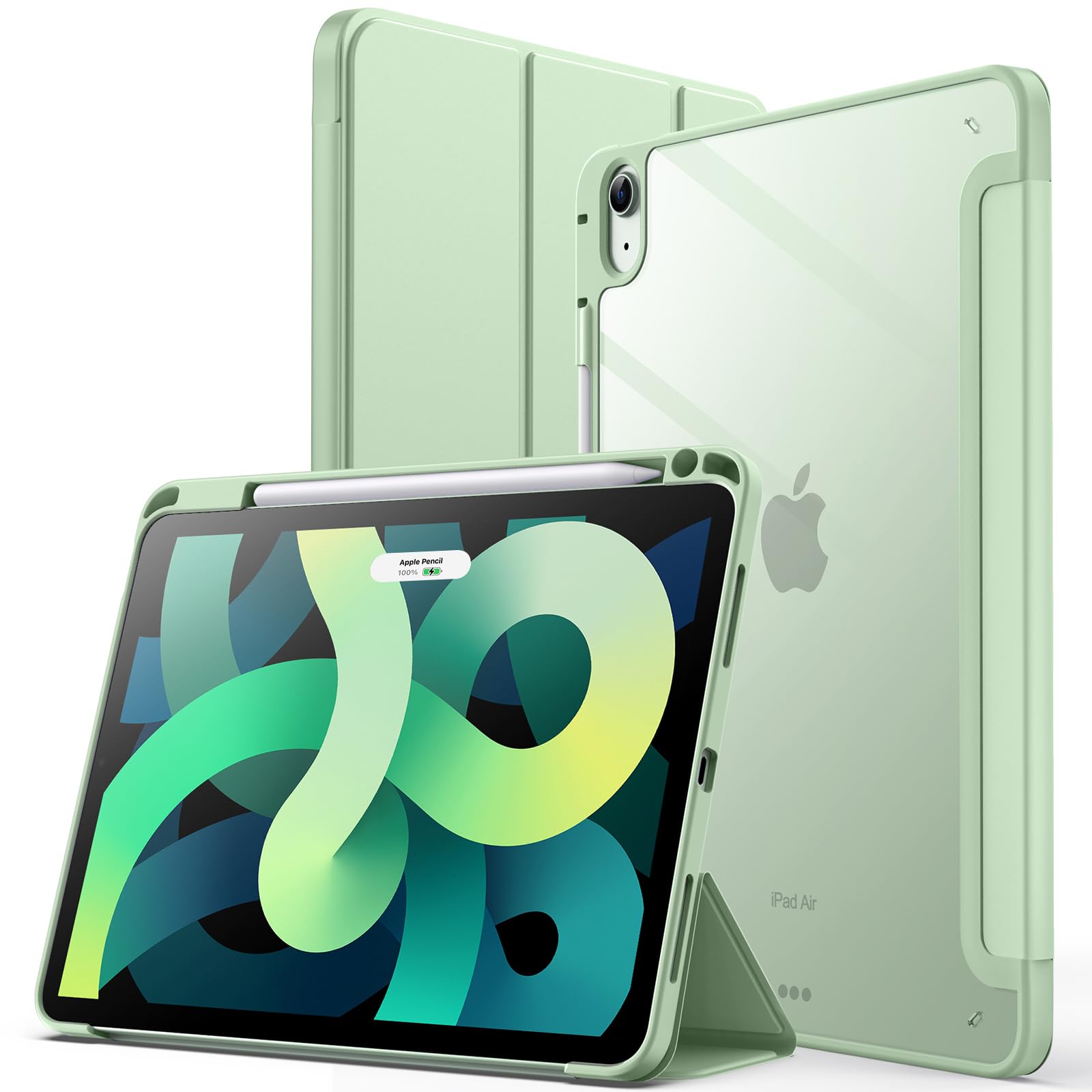 JEDirect iPad Air 5/4 ケース 10.9 インチ (第5/4世代、2022/2020モデル用) Pencil収納可能透明バックカバー 薄型 スタンド 衝撃吸収 タブレットカバー オートウェイク/スリープ機能 (抹茶グリーン)