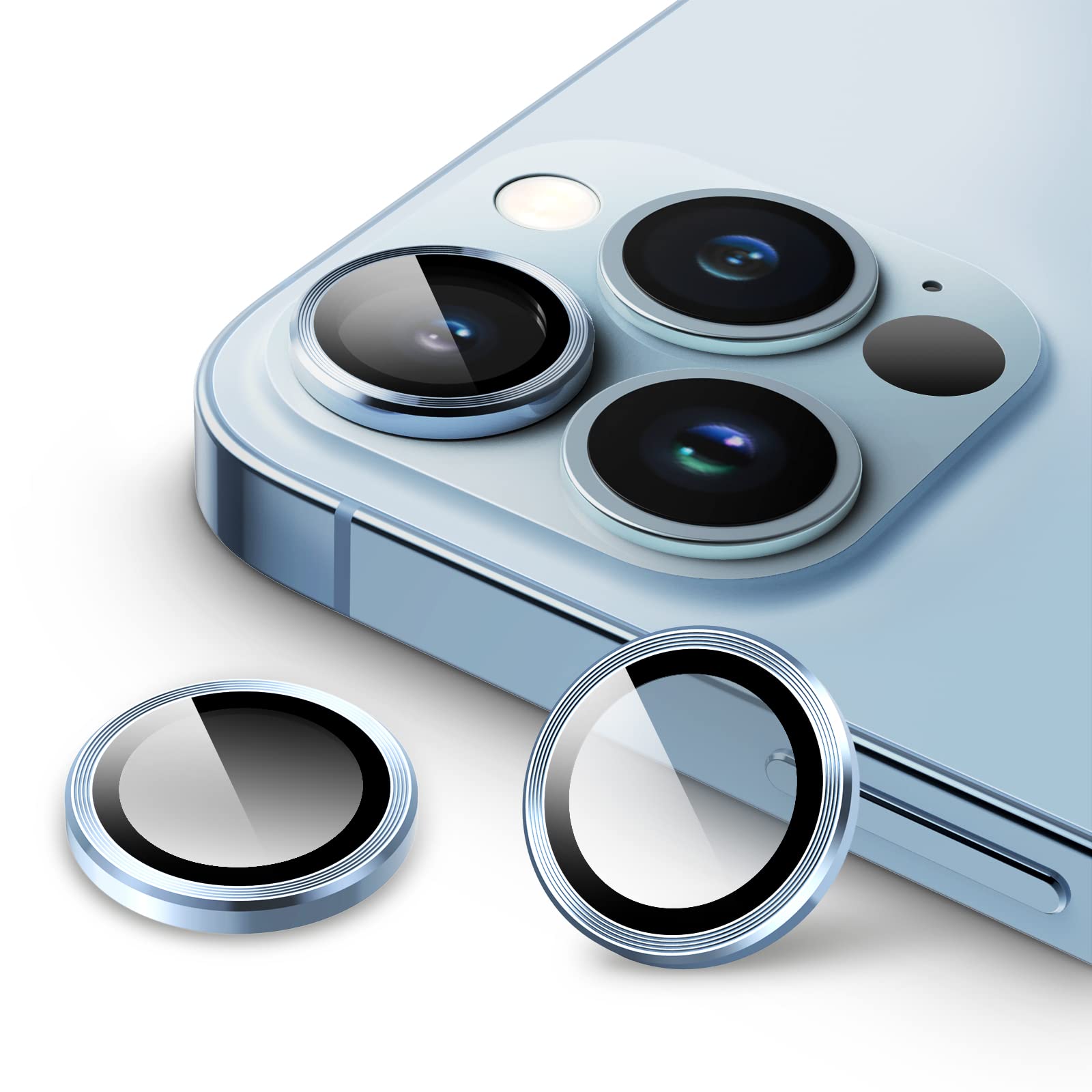 JEDirect カメラレンズフィルム iPhone 13 Pro 6.1インチ/iPhone 13 Pro Max 6.7インチ用 9H強化ガラス 個別の金属リングカバー HDクリア 3枚セット シエラブルー 