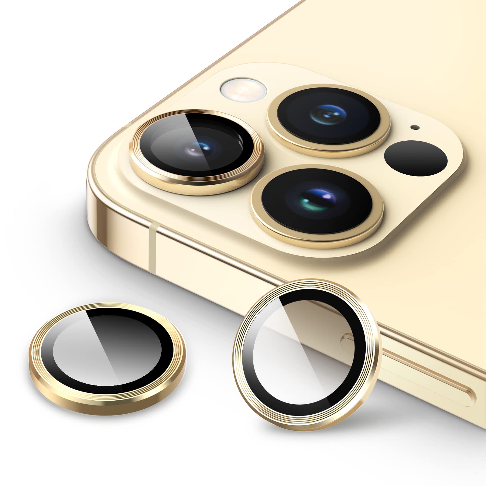 JEDirect カメラレンズフィルム iPhone 13 Pro 6.1インチ/iPhone 13 Pro Max 6.7インチ用 9H強化ガラス 個別の金属リングカバー HDクリア 3枚セット ゴールド 