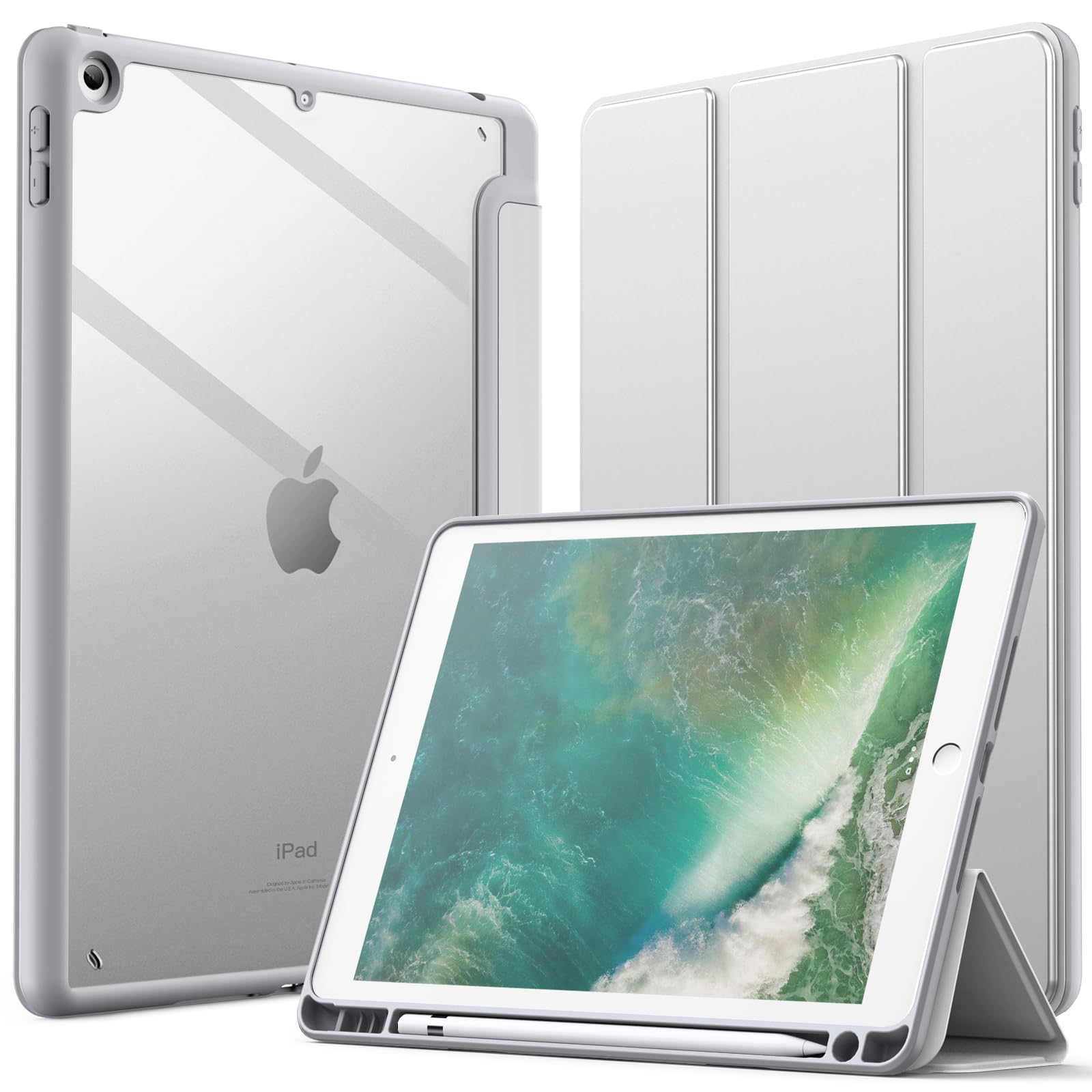 JEDirect iPad 9.7インチ ケース（第6/5世代、2018/2017モデル用）Pencil収納可能透明バックカバー 薄型 スタンド 衝撃吸収 タブレットカバー オートウェイク/スリープ機能 (シルバー)の商品画像