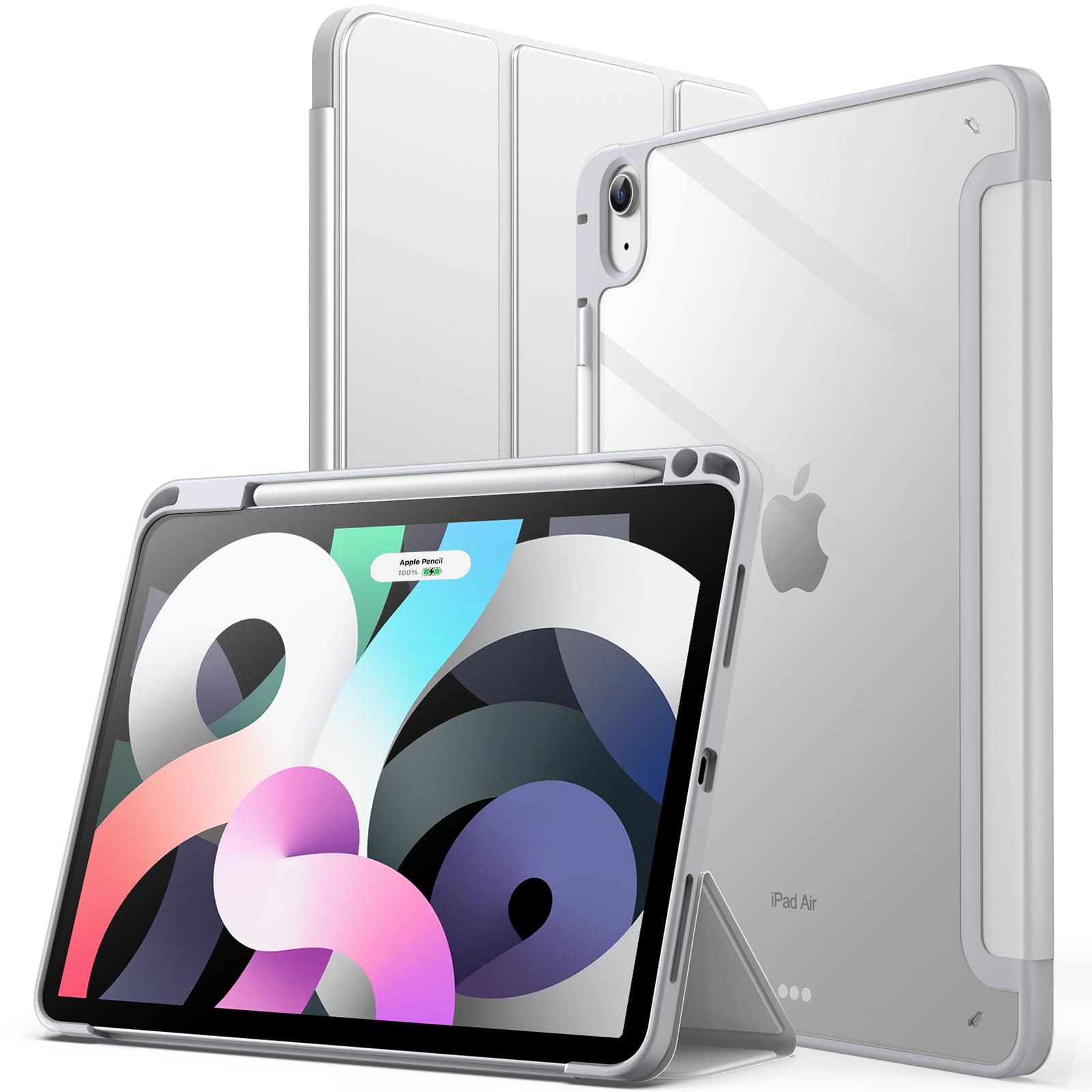 Display Covers - JEDirect iPad Air 5/4 ケース 10.9 インチ (第5/4世代、2022/2020モデル用) Pencil収納可能透明バックカバー 薄型 スタンド 衝撃吸収 タブレットカバー オートウェイク/スリープ機能 (シルバー)