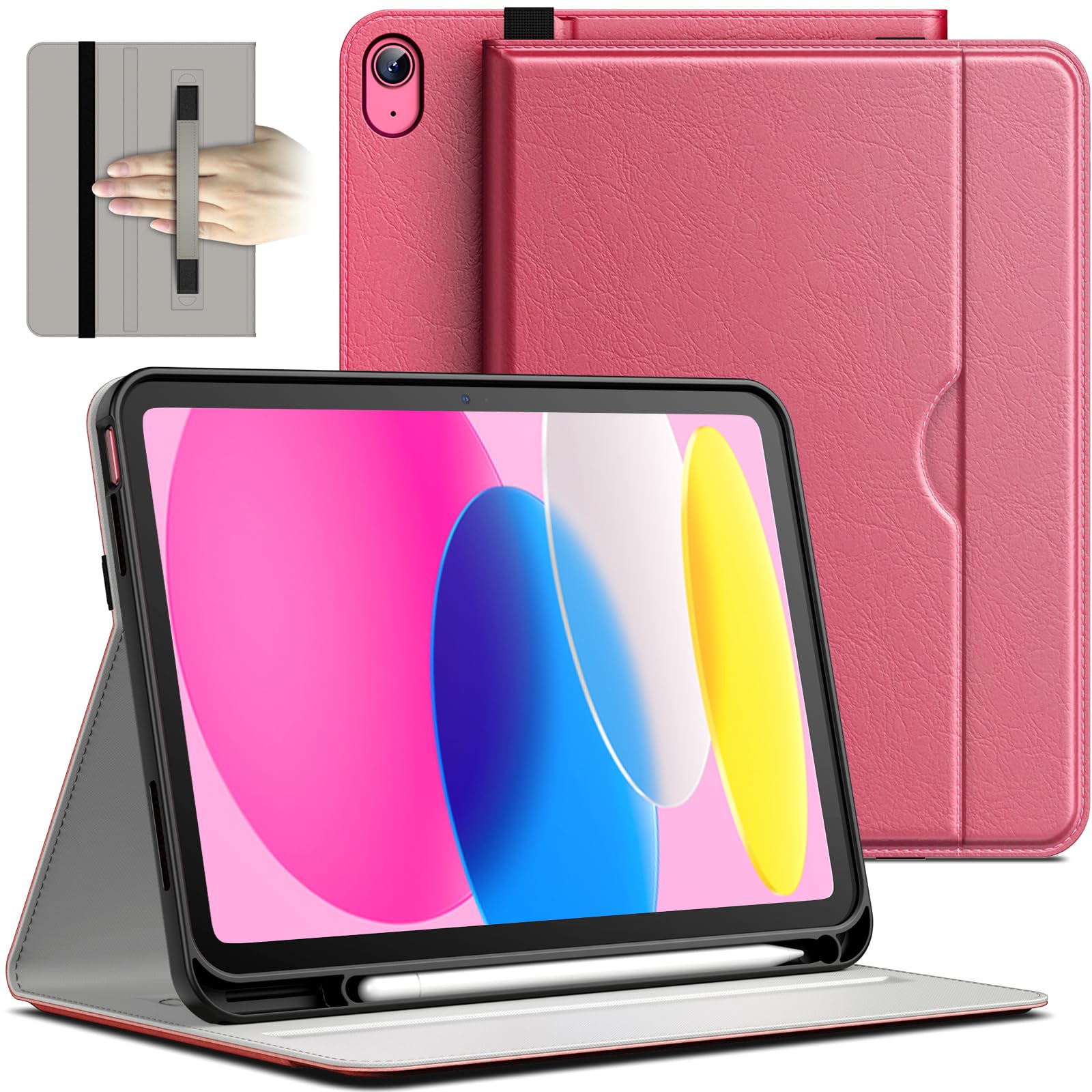 JEDirect iPad 10 ケース (10.9インチ、2022モデル、第10世代用) PUレザー ビジネスフォリオ タブレット保護カバー Pencilホルダーとポケット付き マルチアングルの視聴 (ピンク)
