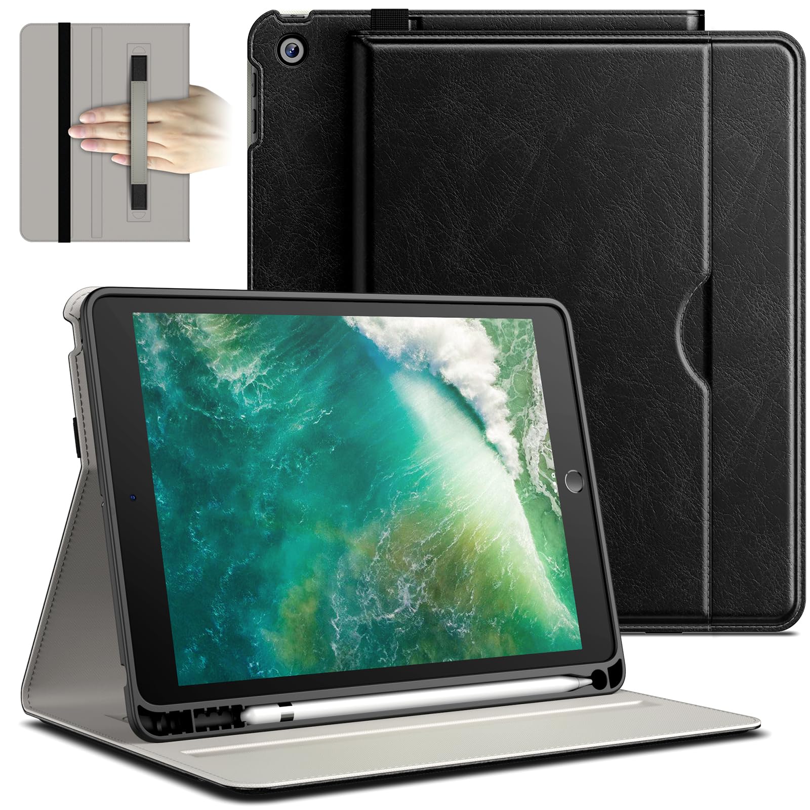 JEDirect iPad 6/5 ケース (9.7インチ、2018/2017モデル、第6/5世代用) PUレザー ビジネスフォリオ タブレット保護カバー Pencilホルダーとポケット付き マルチアングルの視聴 (ブラック)の商品画像