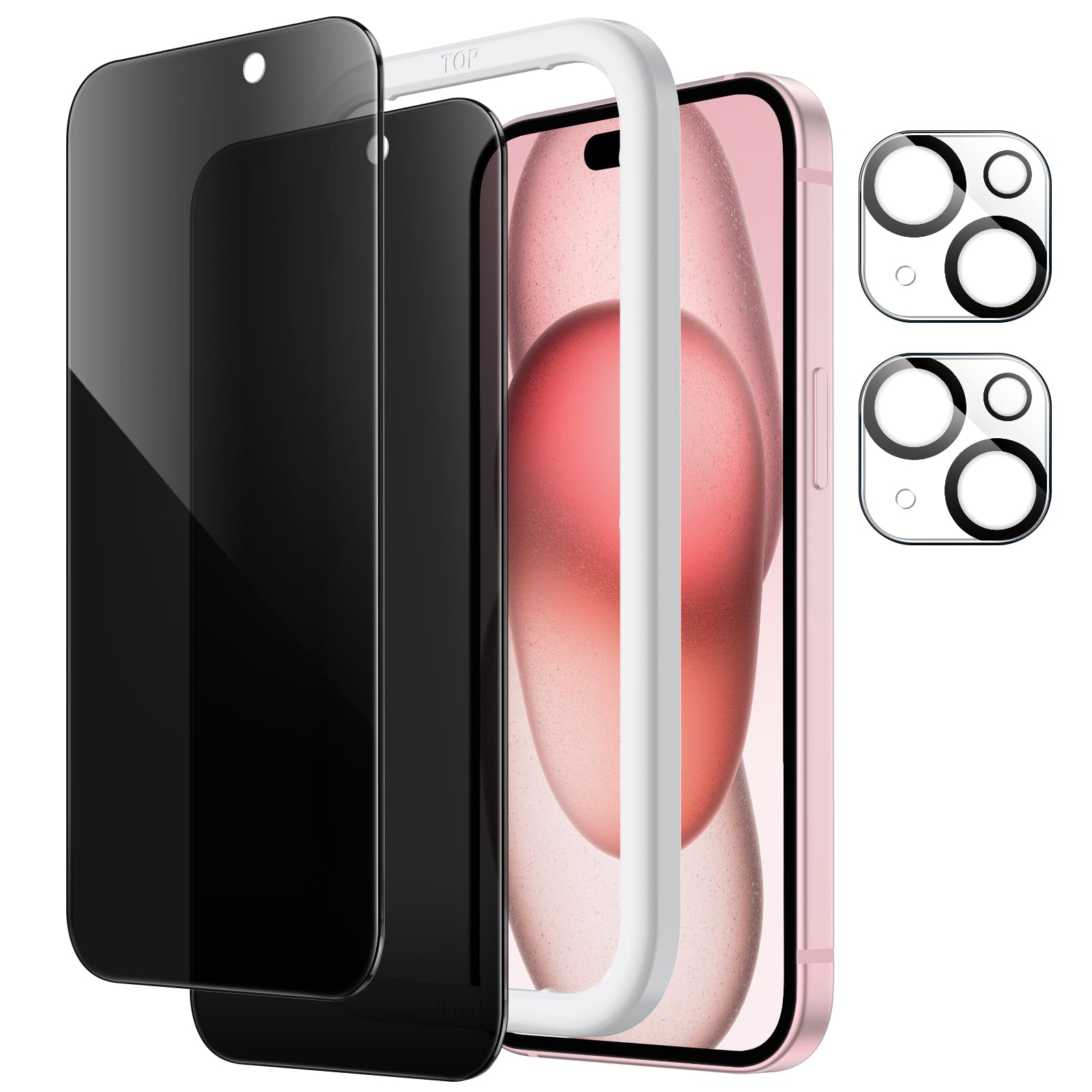 JEDirect iPhone 15 6.1インチ用 プライバシー保護フィルム+カメラレンズフィルム 覗き見防止 強化ガラスフィルム ガイド枠付き 2枚+2..