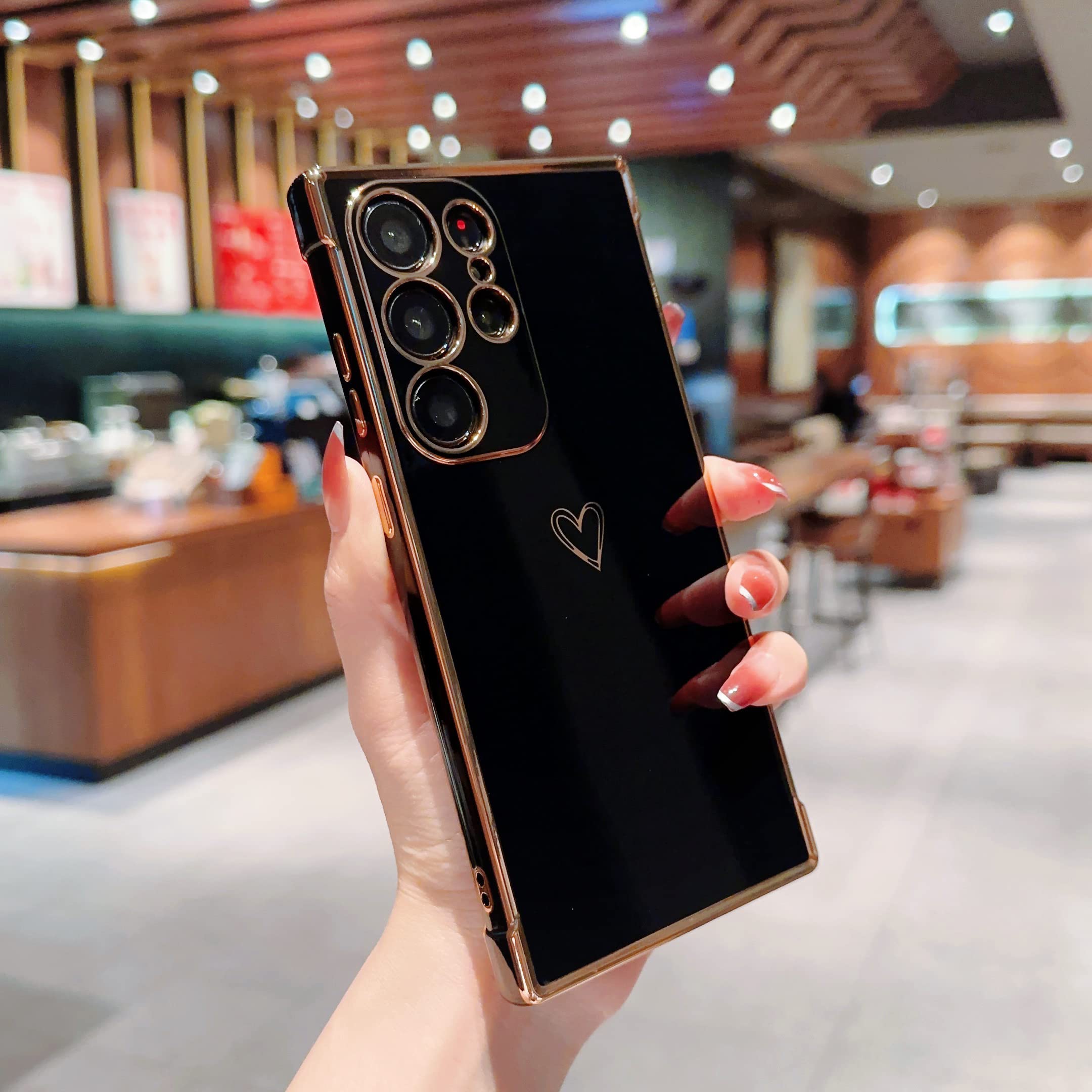 QLTYPRI Galaxy S24 Ultra ケース SC-52E/ SCG26 TPU カバー ハート模様 おしゃれ 韓国 可愛い 女性 人気 薄型 軽量 耐衝撃 スマホケース レンズ保護 落下防止 ワイヤレス充電対応 ストラップホール付き ギャラクシーS24 Ultra用カバー - ブラック