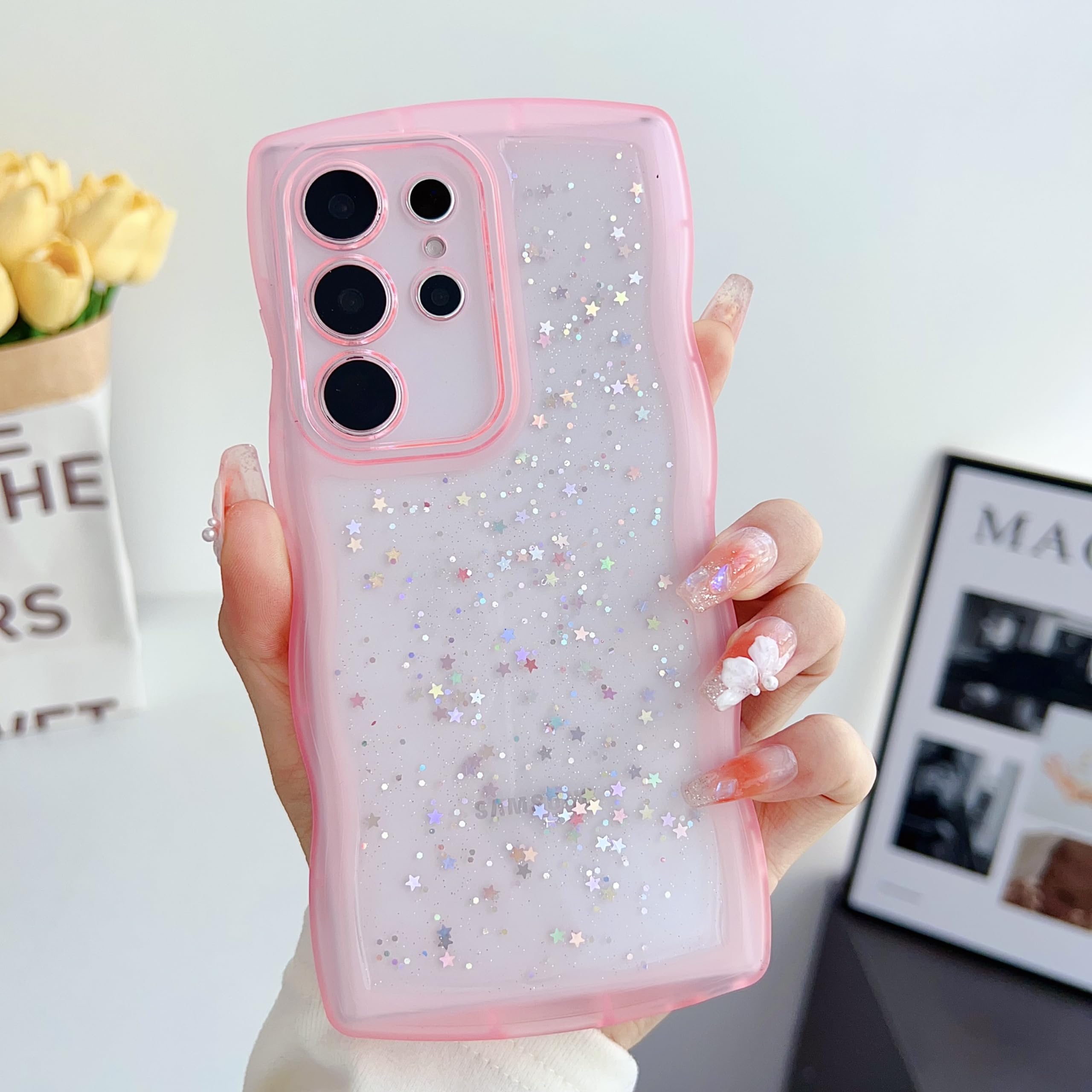 QLTYPRI Galaxy S24 Ultra ケース クリア TPU カバー ウェーブ おしゃれ 韓国 可愛い ウェーブ グリッター 透明 薄型 軽量 耐衝撃 滑り止め (SC-52E / SCG26) スマホケース ワイヤレス充電対応 ストラップホール付き ギャラクシーS24 Ultra ケース 6.8インチ 対応 - ピンク