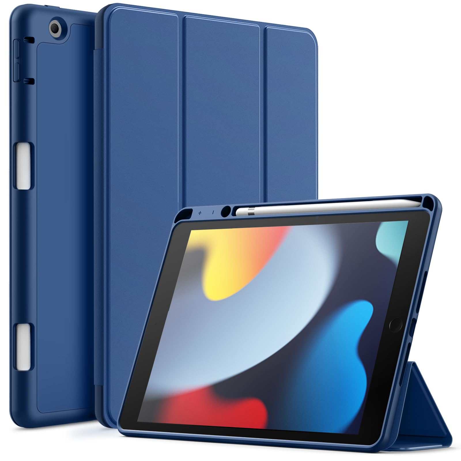 Display Covers - JEDirect iPad 10.2インチ ケース (2021/2020/2019モデル、第9/8/7世代用) Pencilホルダー付き ソフトTPUバック スリム保護カバー オートウェイクアップ/スリープ機能付き (紺)
