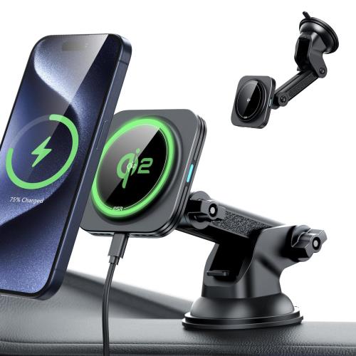 ESR Qi2 15W充電 magsafe 車載 スマホホルダー 車 Qi2認定magsafe充電器 ダッシュボード/風防ガラス磁気ワイヤレス車載充電器 iPhone 15/14/13/12専用 スマホスタンド 車用 マグセーフ充電器 急速充電 ブラック