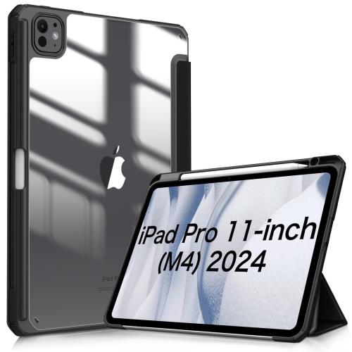 Fintie iPad Pro 11インチ(M4) ケース 2024 透明バックカバー Apple Pencil 収納可能 Apple Pencil Proワイヤレス充電対応 三つ折スタンド スリープ機能 軽量 薄型 傷つけ防止 PU合成レザー TPU（1ブラック）