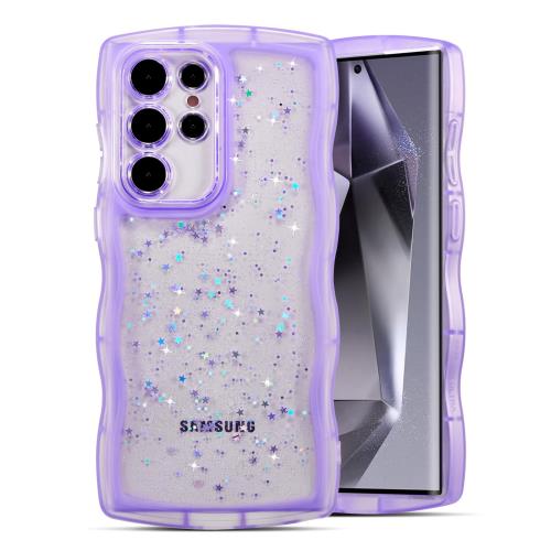 QLTYPRI Galaxy S24 Ultra ケース クリア TPU カバー ウェーブ おしゃれ 韓国 可愛い ウェーブ グリッター 透明 薄型 軽量 耐衝撃 滑り止め (SC-52E / SCG26) スマホケース ワイヤレス充電対応 ストラップホール付き ギャラクシーS24 Ultra ケース 6.8インチ 対応 - パープル