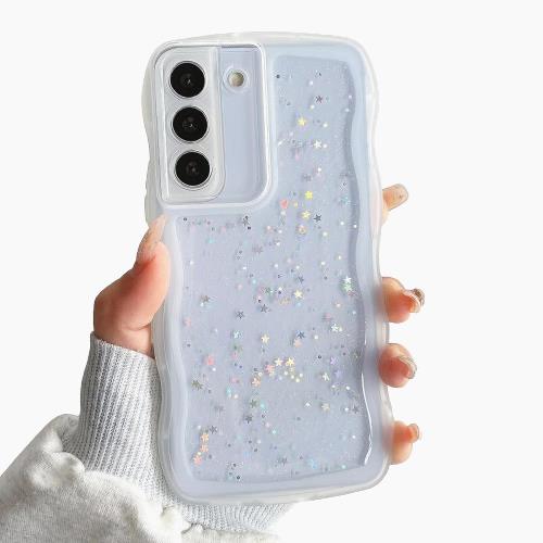 QLTYPRI Galaxy S21 ケース クリア TPU カバー ウェーブ おしゃれ 韓国 可愛い ウェーブ グリッター 透明 薄型 軽量 耐衝撃 滑り止め (SC-51B / SCG09) スマホケース ワイヤレス充電対応 ストラップホール付き ギャラクシーS21 ケース 6.2インチ 対応 - クリア