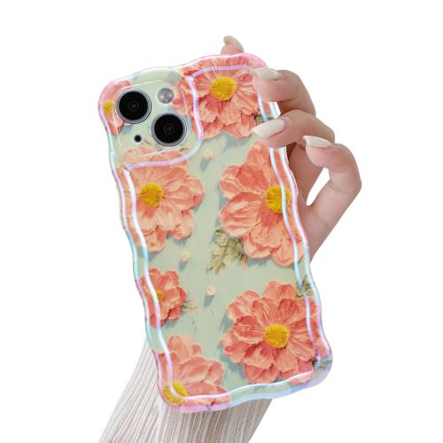 QLTYPRI iPhone 13 用 ケース ウェーブ TPU カバー おしゃれ 韓国 可愛い 花柄 iPhone13用 ケース 薄型 軽量 耐衝撃 スマホケース ワイヤレス充電対応 ストラップホール付き アイフォン13 ケース 6.1インチ 対応 - グリーン/ピンク